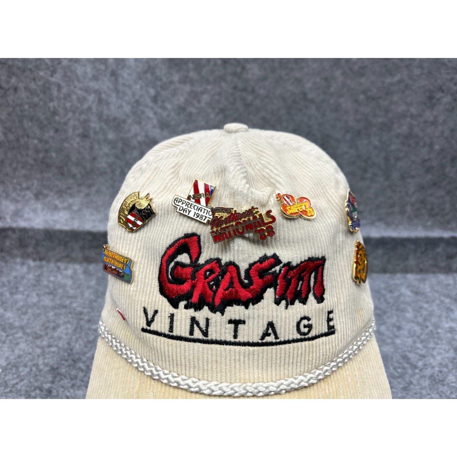 Vintage Grafitti Vintage Hat Cap Strap Back Adult OS Ivory Cotton Corduroy Rope w/Pins Size ONE SIZE - 2 Thumbnail