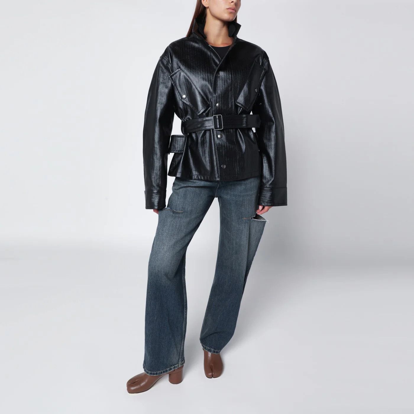 Maison Margiela o1d2blof0426 Cotton Laminated Belted Jacket in Black Size M / US 6-8 / IT 42-44 - 2 Thumbnail