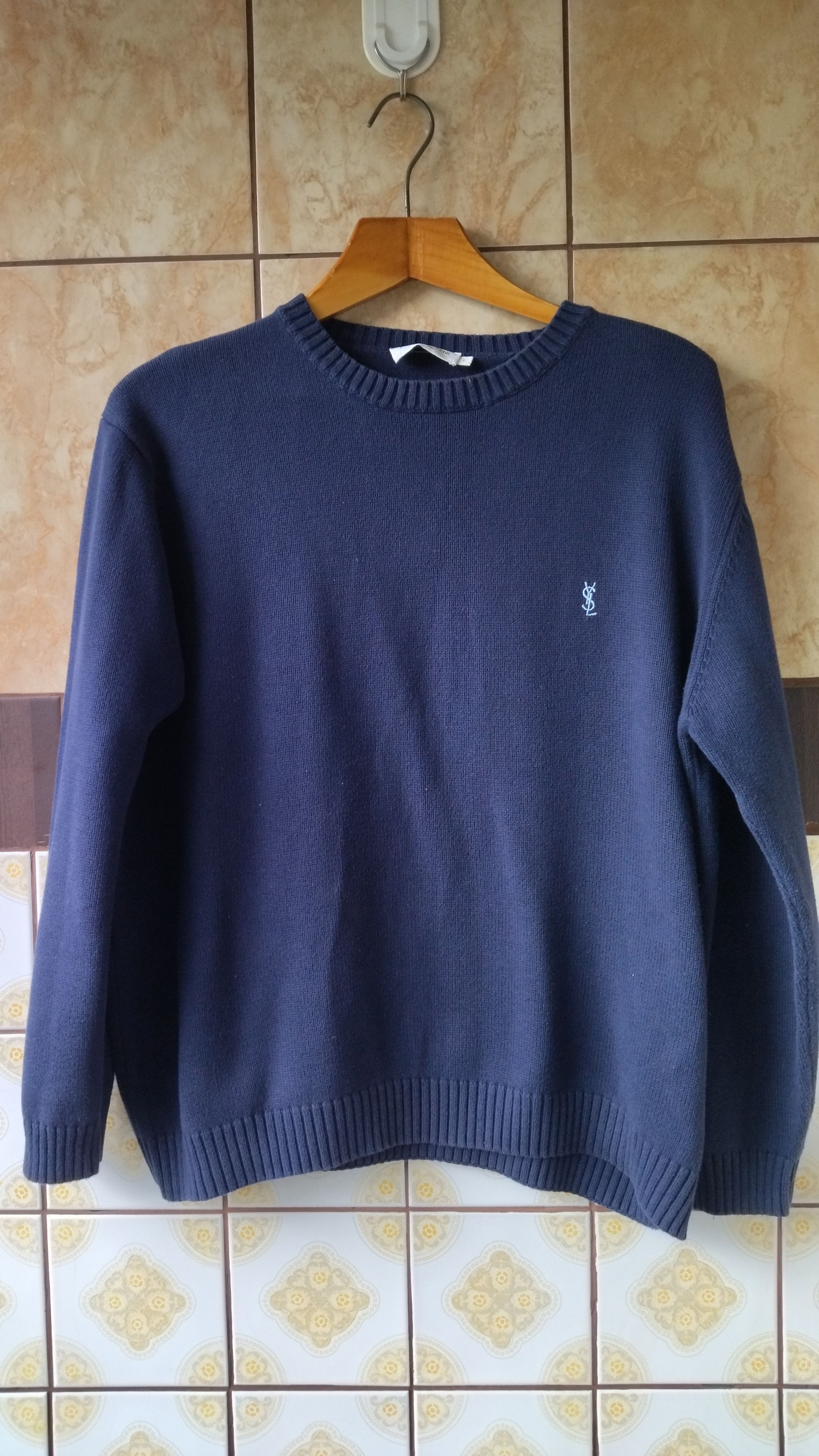 image of Vintage YVES Saint Laurent Big Logo Sweater in Dark Blue, Men's (Size Large)
