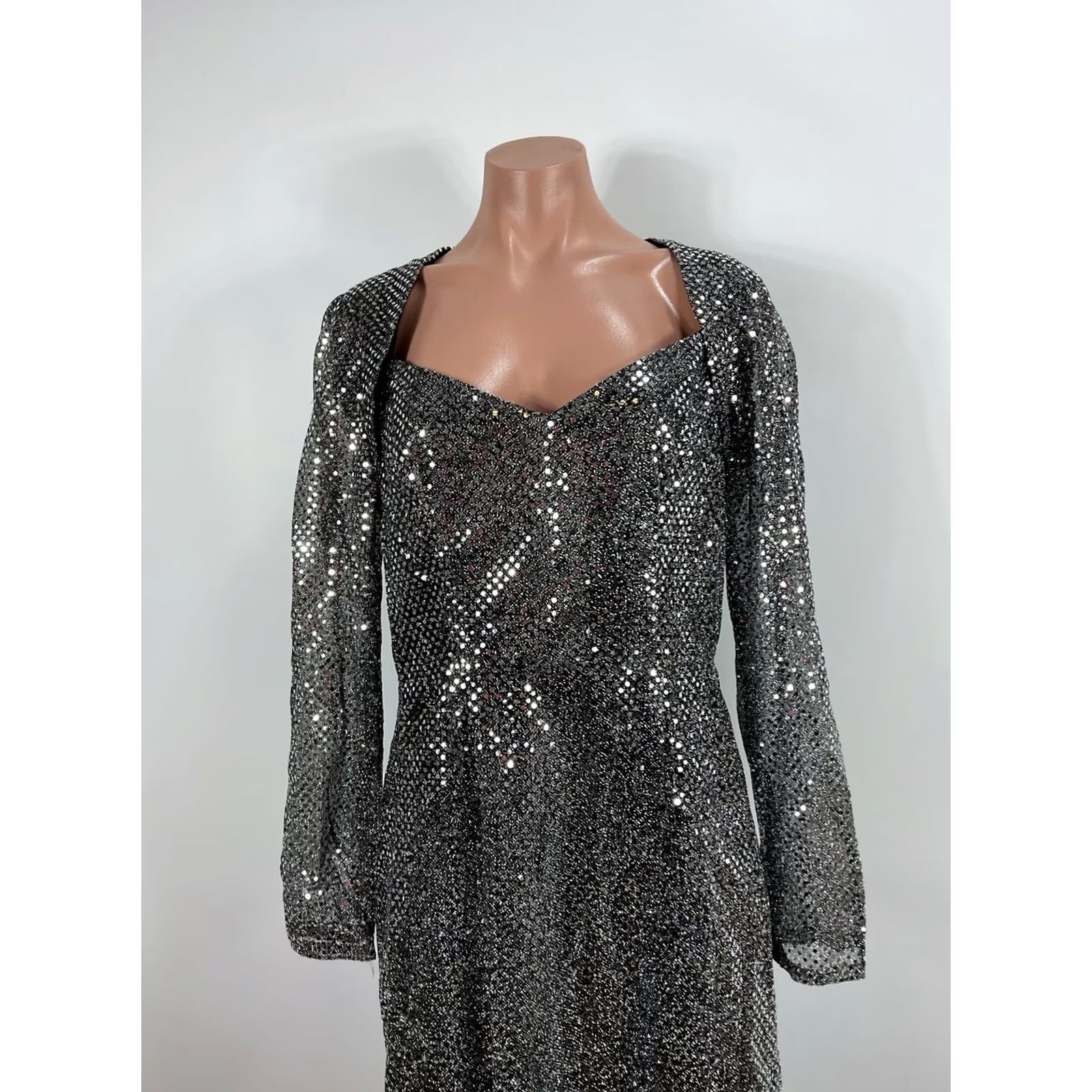 Vintage VTG 80s Handmade Silver Sequin Lamé Illusion Sleeve PROM Evening NYE Dress M/L Dress Size M / US 6-8 / IT 42-44 - 3 Thumbnail