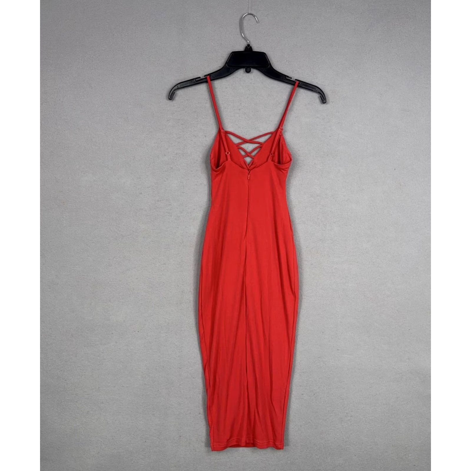 Vintage Nookie Mi Amore Criss Cross Shift Dress Womens 8 Watermelon Red Bodycon Midi V-Neck Spaghetti Crisscross Size M / US 6-8 / IT 42-44 - 6 Thumbnail