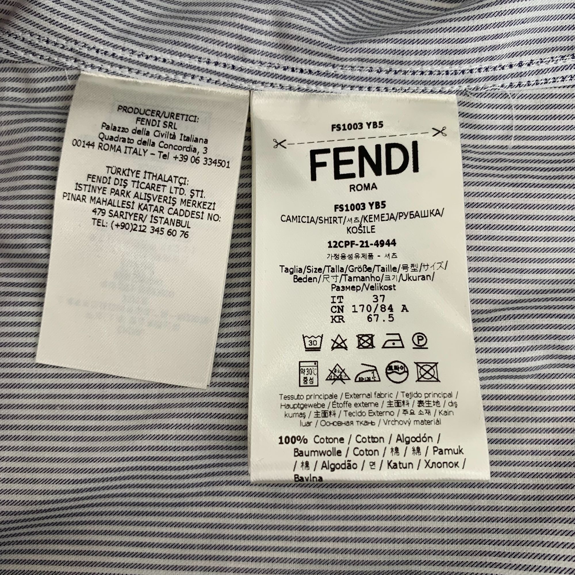 Fendi Fendi Mens Striped Blue Cotton Long Sleeve Shirt With Logo E Size S / US 4 / IT 40 - 3 Thumbnail