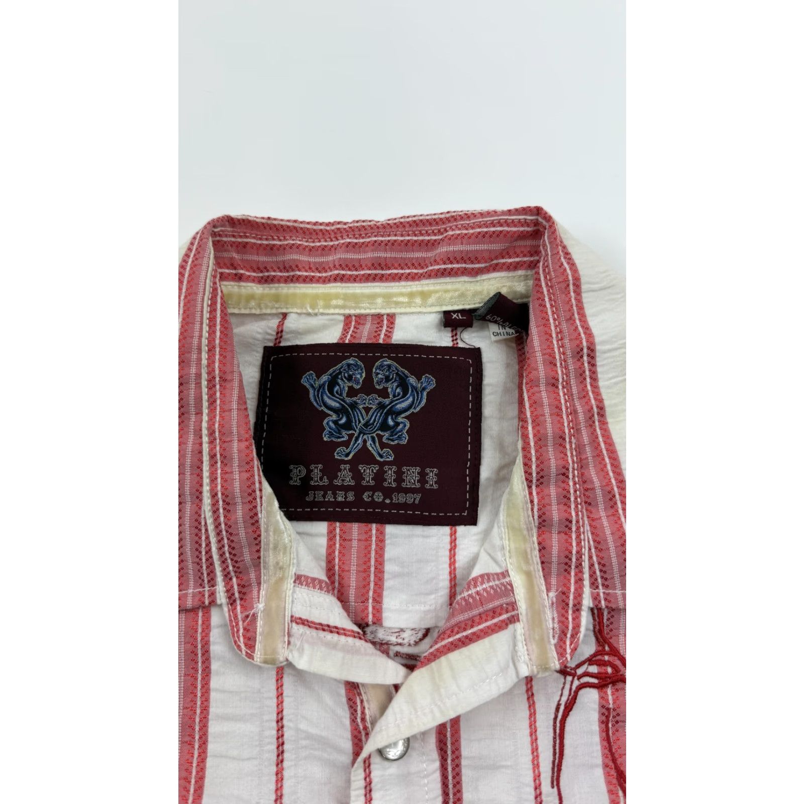 CO VINTAGE Platini Jeans Co Shirt Mens XL Red White Striped Embroidered Skull Long Sleeve Size US XL / EU 56 / 4 - 4 Thumbnail