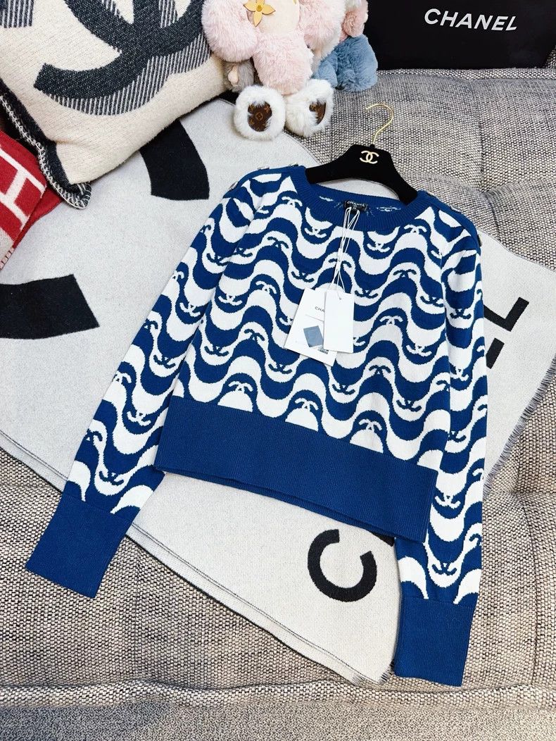 Chanel Chanel 21P navy blue white double C wavy knitted sweater Size M / US 6-8 / IT 42-44 - 4 Thumbnail