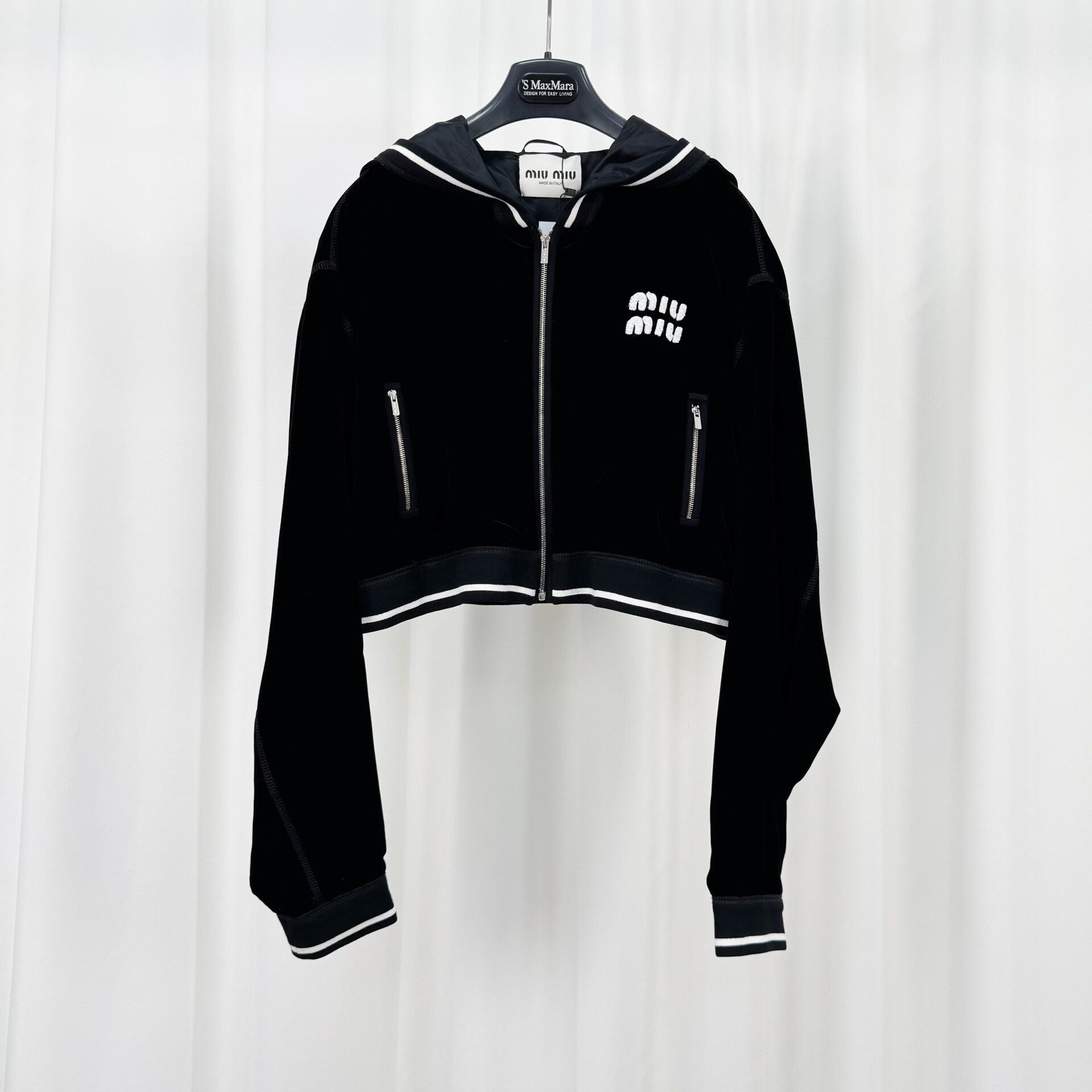 Miu Miu Black Velvet Embroidered Zip Jacket