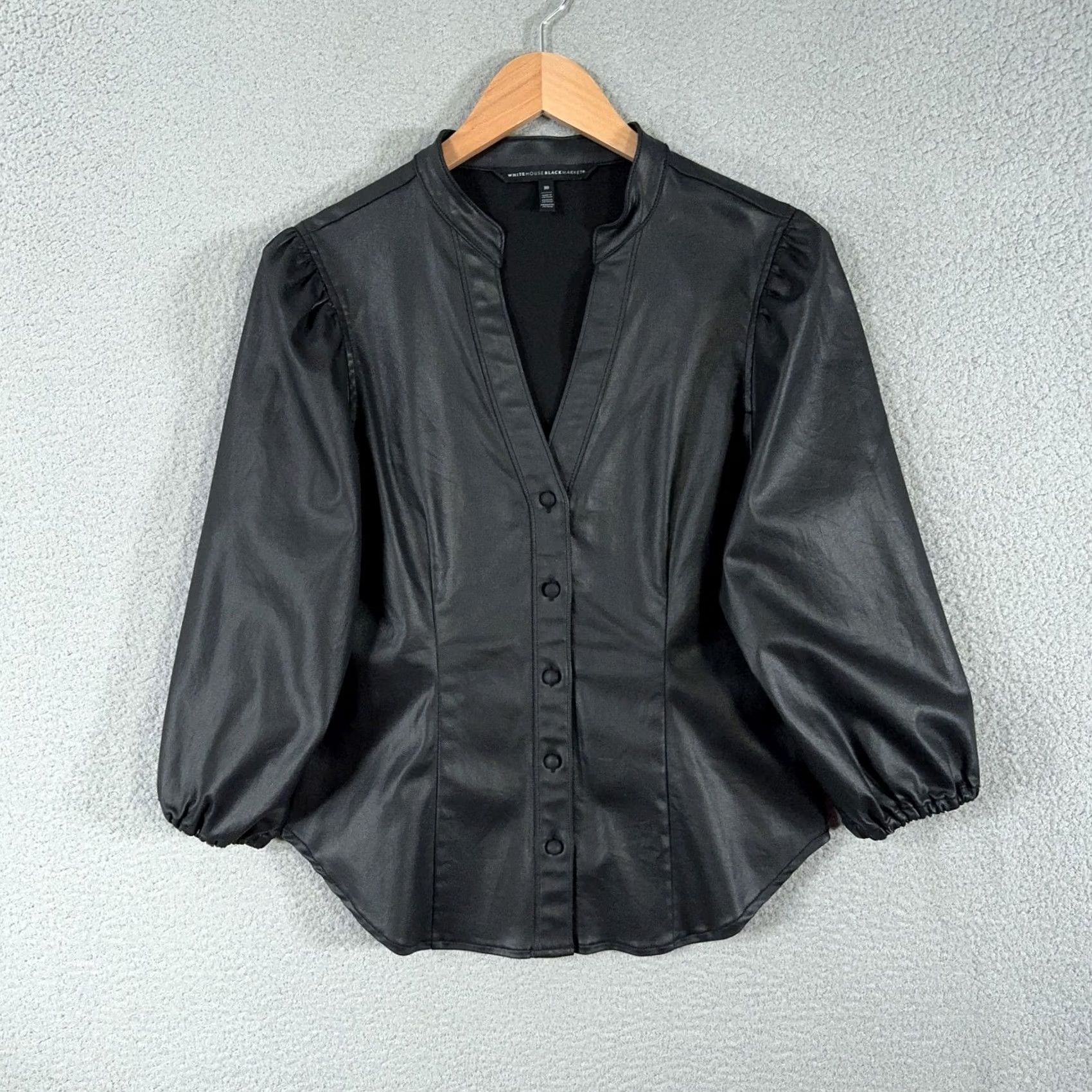 White House Black Market VINTAGE? No. White House Black Market Blouse Womens 10 Black Puff Sleeve V-Neck Button Front Knit Faux Leather Look Shirt Size L / US 10 / IT 46 - 5 Thumbnail