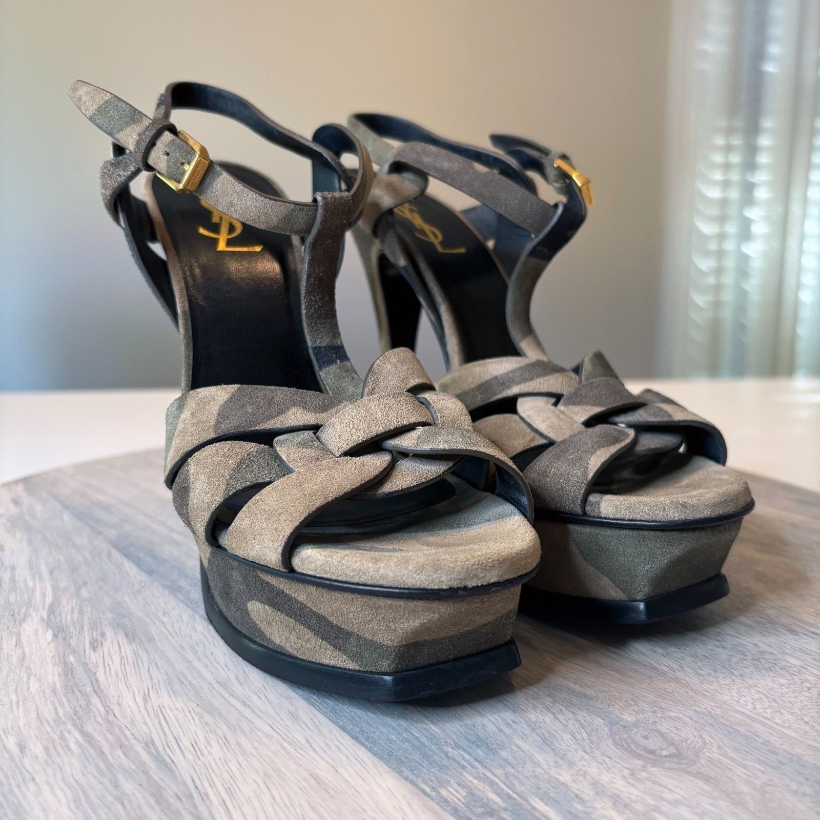 Saint Laurent Paris Yves Saint Laurent Camo Green Suede Tribute Heels Size 7.5 Size US 7.5 / IT 37.5 - 6 Thumbnail