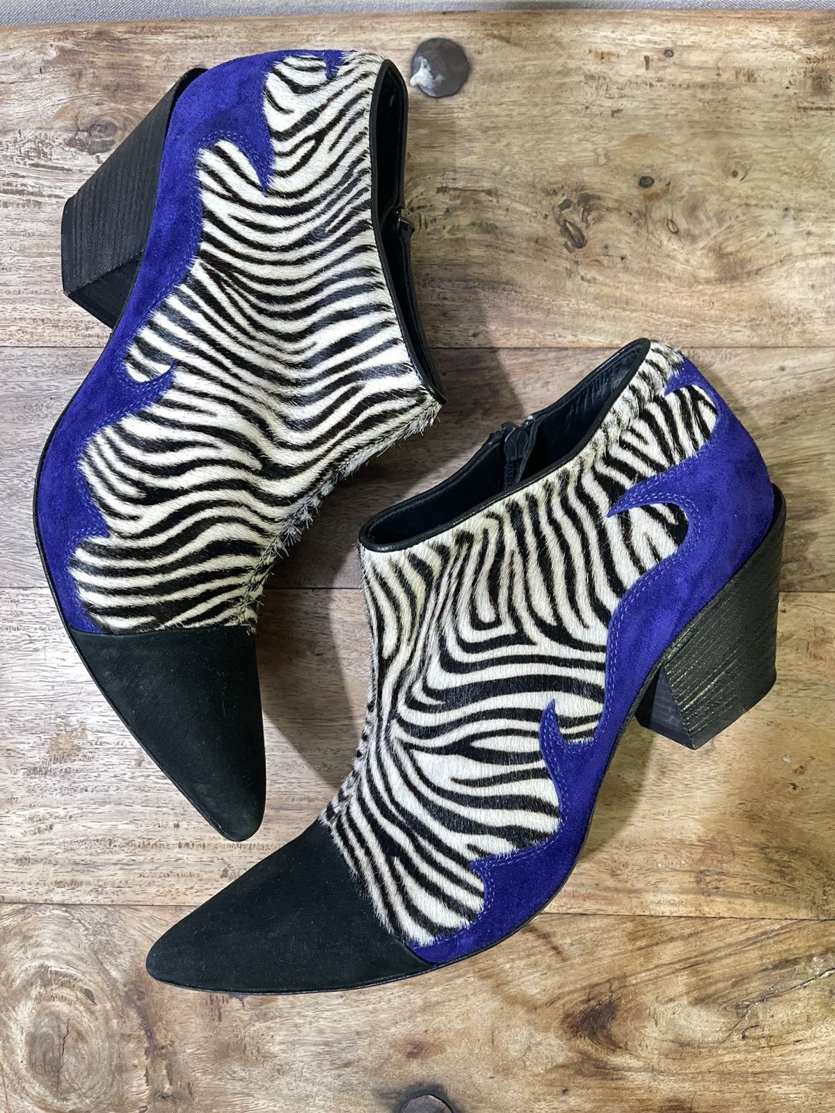 Haider Ackermann SS16 Zebra Ponyhair and Blue Suede Flame Booties Size US 11 / IT 41 - 1 Thumbnail