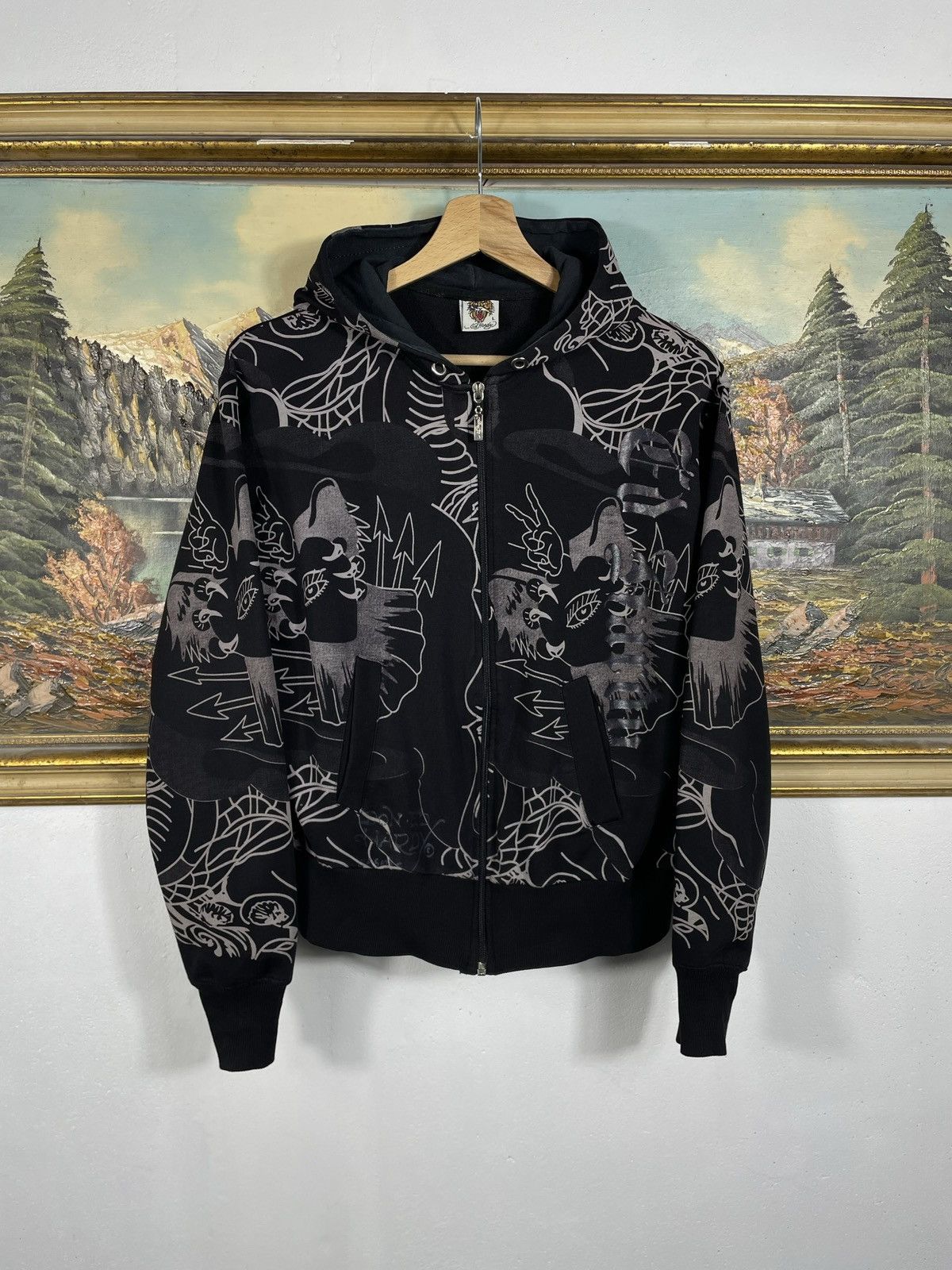 Ed Hardy × Vintage Ed Hardy Y2k Avant Garde Zip AOP Hoodie Sweatshirt Vintage Size M / US 6-8 / IT 42-44 - 1 Thumbnail