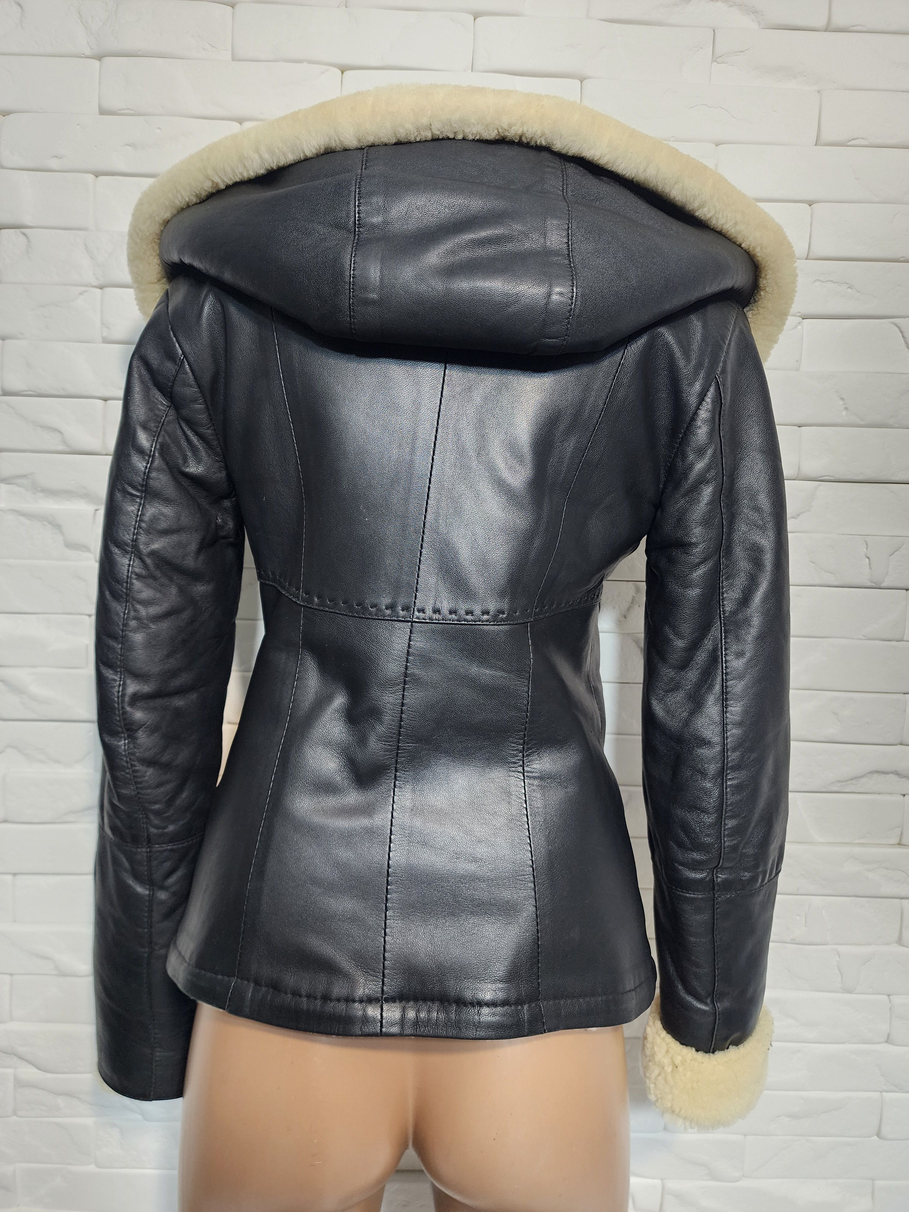 Genuine Leather Hooded Black Sheepskin Coat: Detachable Bottom Jacket Size XS / US 0-2 / IT 36-38 - 7 Thumbnail