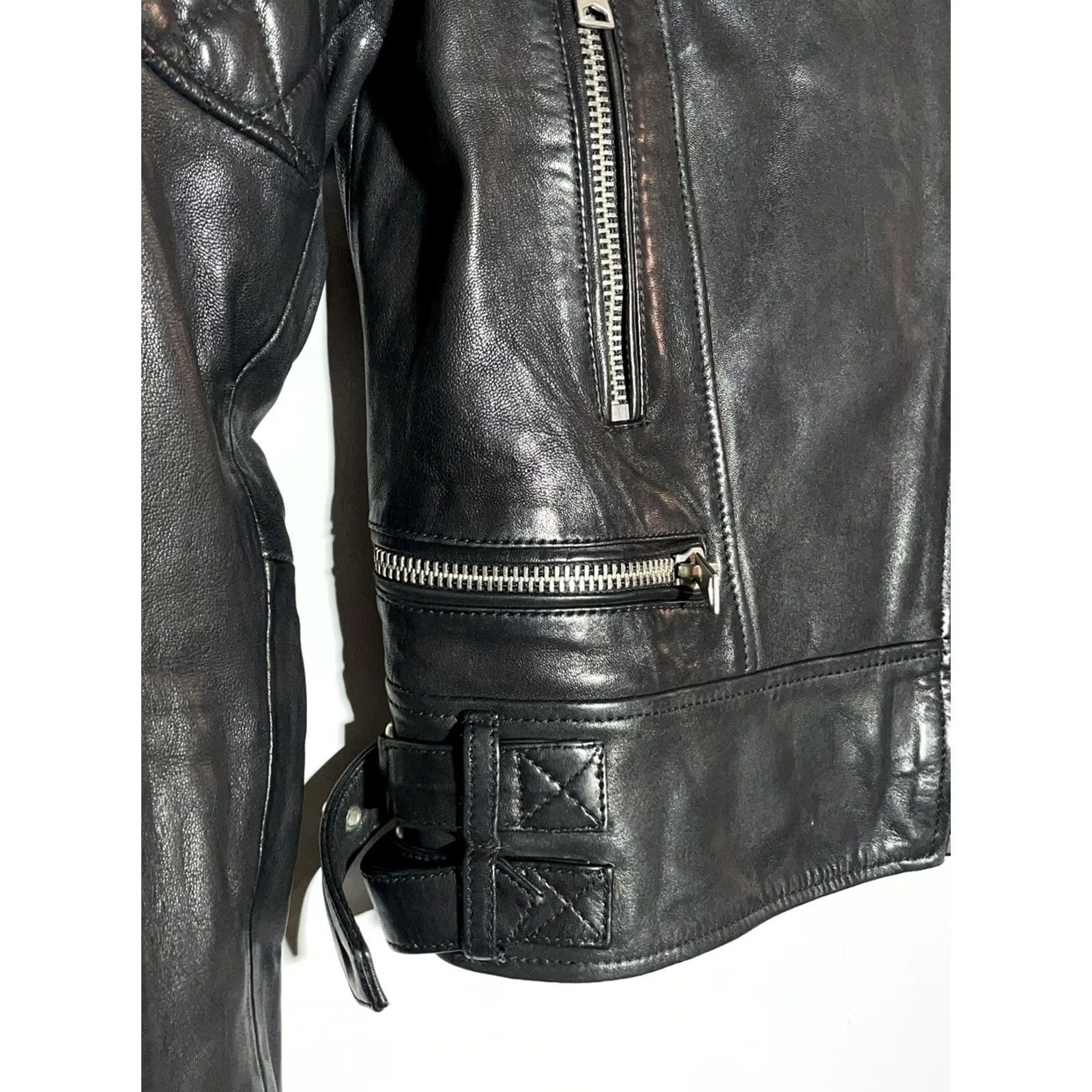 Allsaints AllSaints Esher Biker Jacket Women’s Size 32 Leather Black 1/2 Zip Pockets Adjust Buckle Zipper Vintage No 4 XS-4? Size S / US 4 / IT 40 - 7 Thumbnail