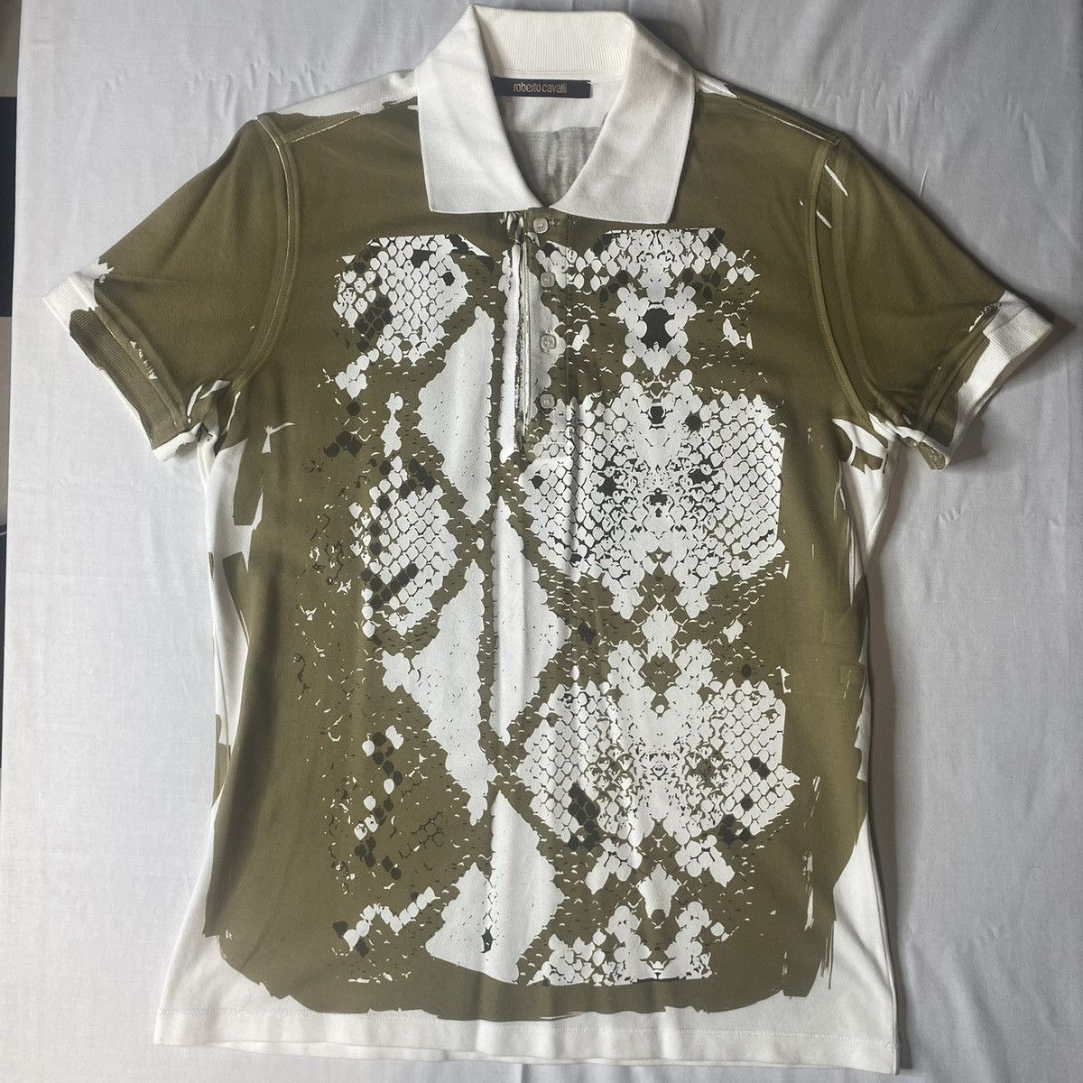 image of Roberto Cavalli x Vintage Archival Snake Print Polo Vintage in Green, Men's (Size Small)