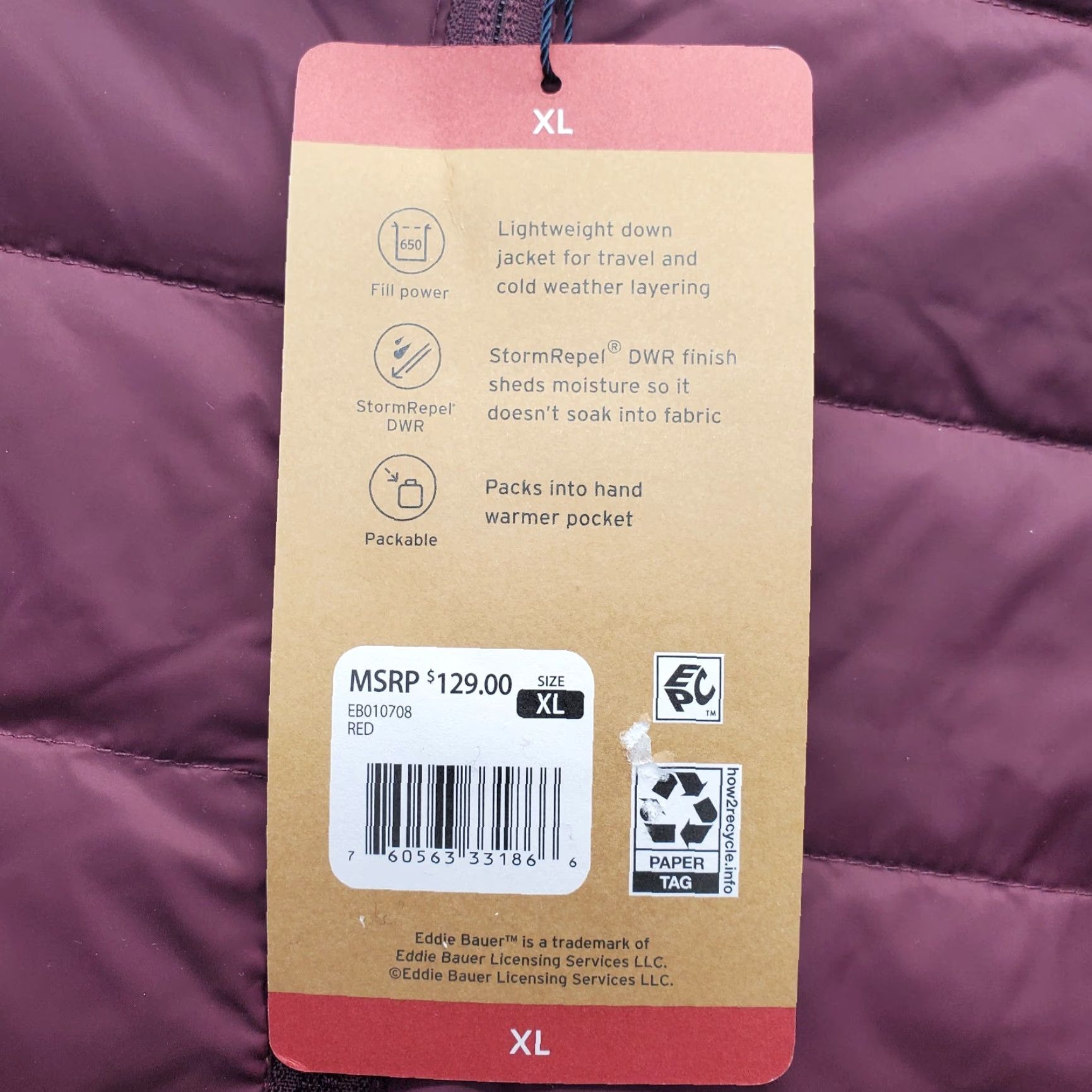 Eddie Bauer Eddie Bauer 650 Down Packable Travel Jacket Women XL Burgundy Lightweight Zip Up Jacket Size XL / US 12-14 / IT 48-50 - 7 Thumbnail