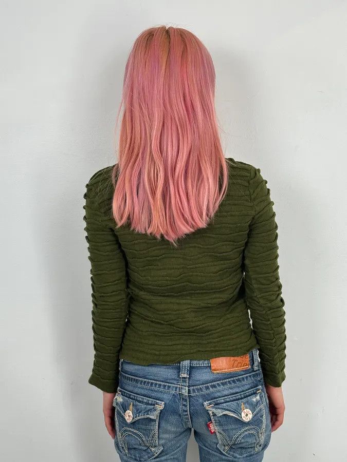 Just Cavalli 2000s Cavalli Olive Textured Wave Wool Sweater Size XS / US 0-2 / IT 36-38 - 2 Thumbnail