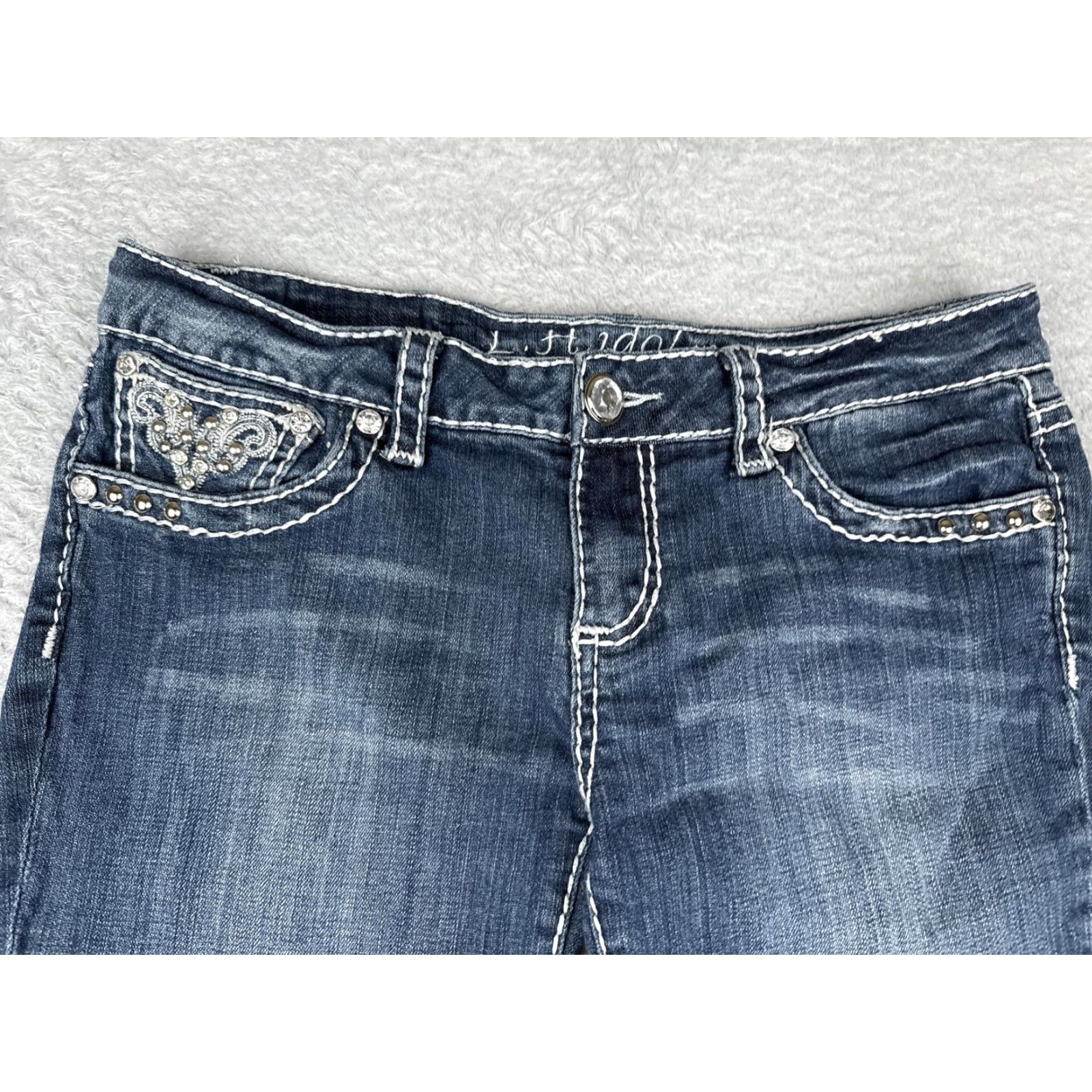 Vintage L.A. Idol Jeans Women 11 Capri Cropped Embellished Rhinestone Pockets Blue Size 32" / US 10 / IT 46 - 4 Thumbnail