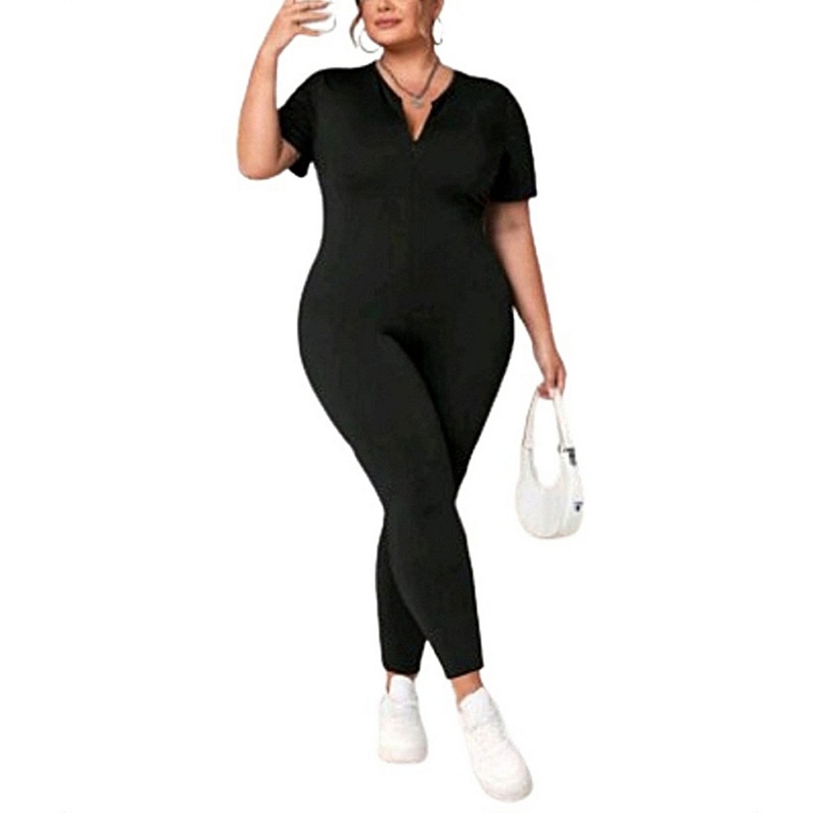 Shein MIDNITE BLACK ☆ ZIP NECK SHORT SLEEVE ☆ CATSUIT ☆ 30w ☆ NWT Size 42" / US 20 - 2 Thumbnail