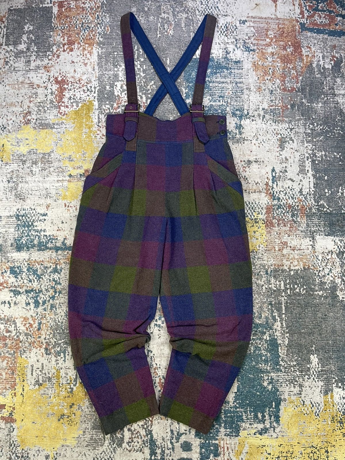 Japanese Brand Vintage Boho Patchwork Plaid Wide Leg Wool Dungaree Size US 30 / EU 46 - 1 Thumbnail