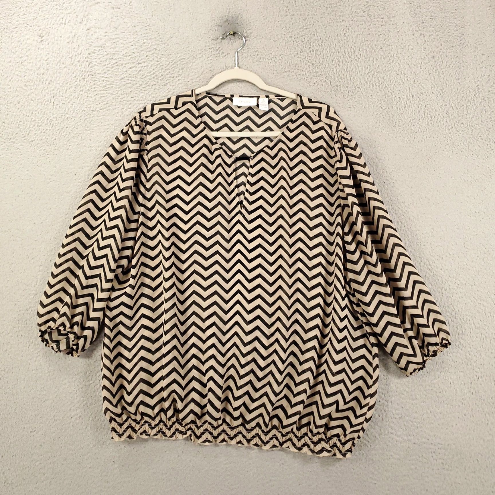 Vintage Chicos Blouse Womens 2XL Black Tan Zig Zag Striped Sheer Lightweight Size XXL / US 16-18 / IT 52-54 - 2 Thumbnail