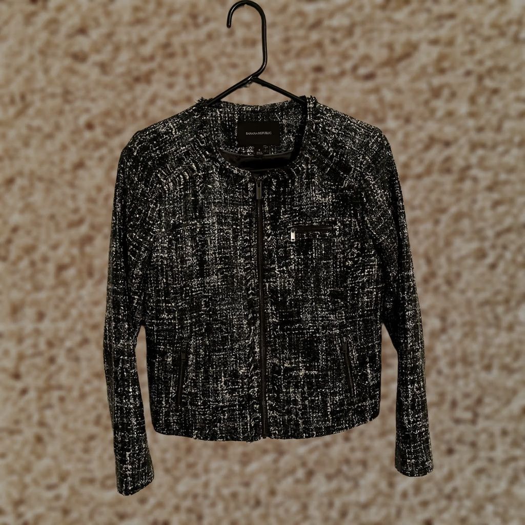 Banana Republic Banana Republic Black White Patterned Tweed Blazer Ladies Zip Jacket - Women's 4 Size S / US 4 / IT 40 - 1 Thumbnail