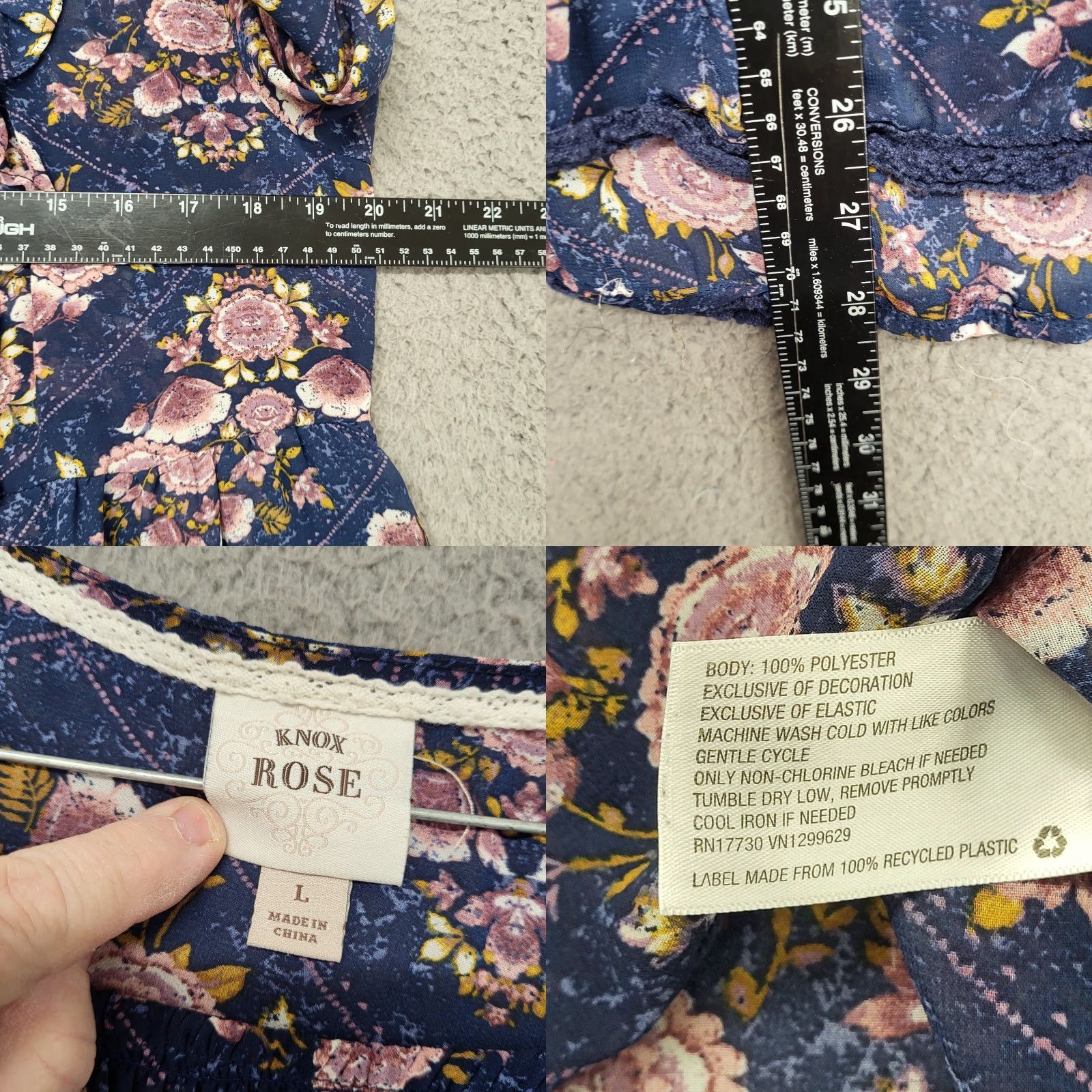 Vintage Knox Rose Blouse Womens Size L Navy Blue & Pink Floral Boho Top Embroidered Trim Size L / US 10 / IT 46 - 9 Thumbnail