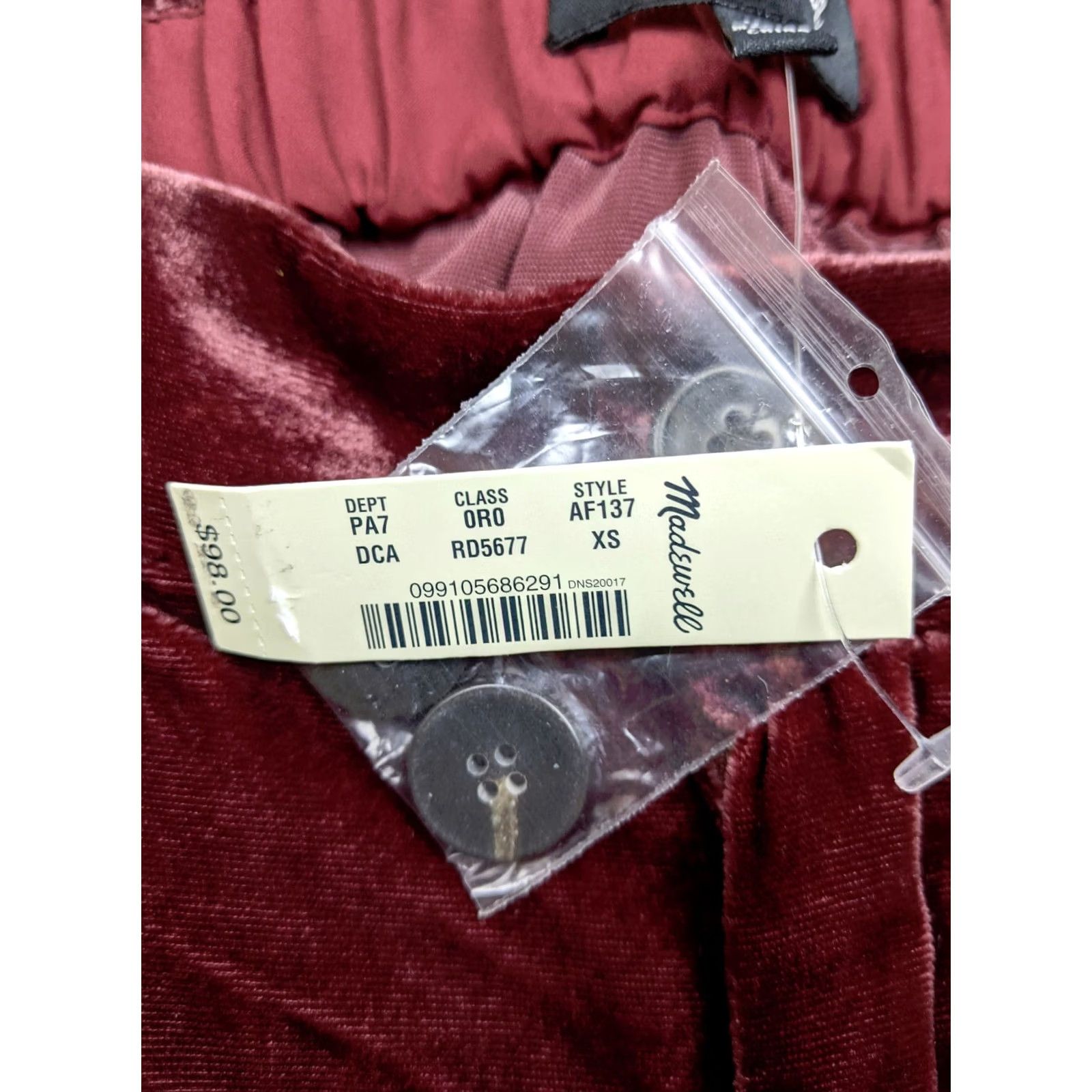 Madewell Madewell Womens XS 26x27 Elastic Waist Burgundy Velvet Velour Pants Pleated Size 26" / US 2 / IT 38 - 3 Thumbnail
