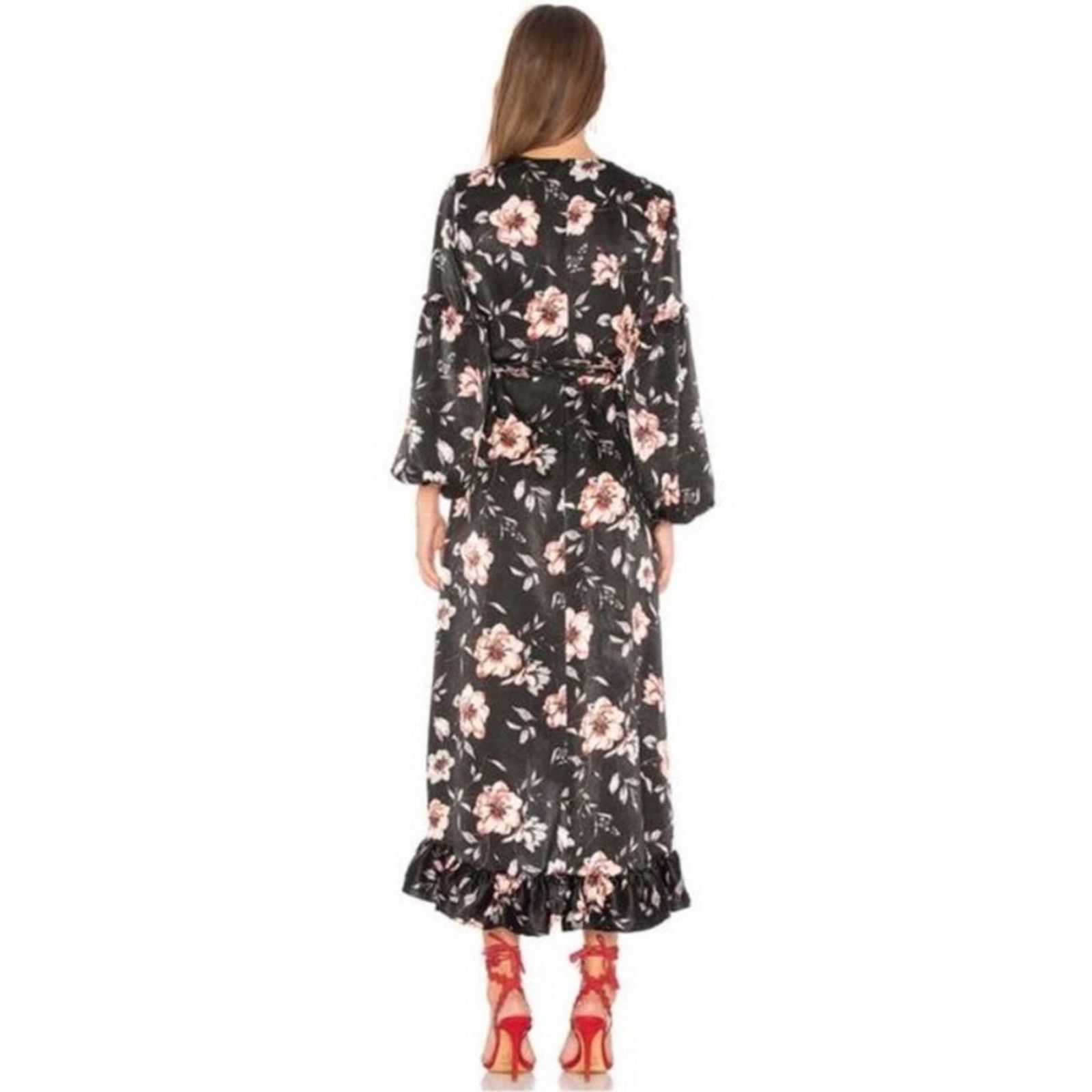 MISA Los Angeles MISA LA Luna Black Floral Satin Bubble Sleeve Wrap Dress Size S / US 4 / IT 40 - 2 Thumbnail