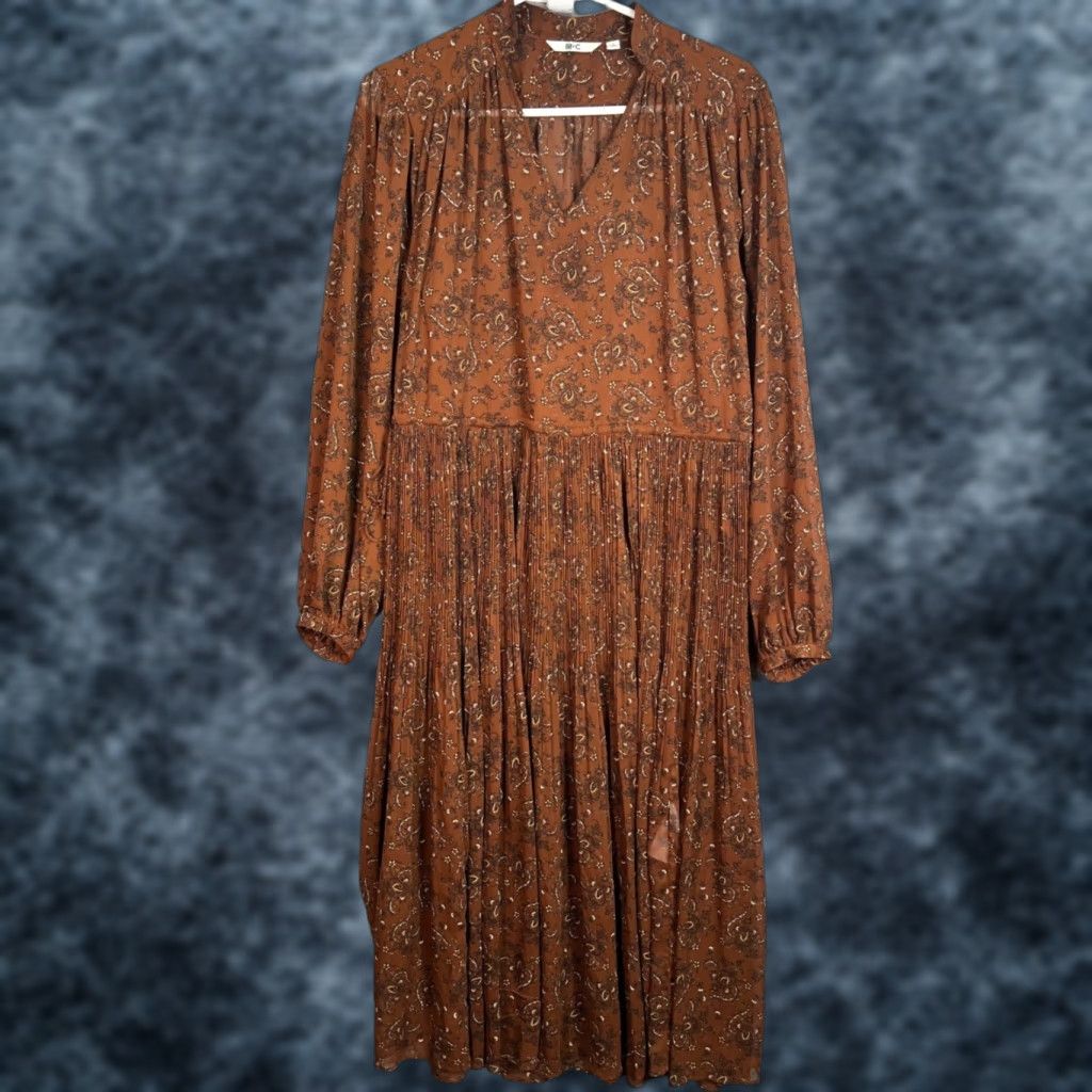 Uniqlo VINTAGE Uniqlo Womens Small Long-Sleeve Paisley Midi Dress Brown Polyester Size S / US 4 / IT 40 - 1 Thumbnail