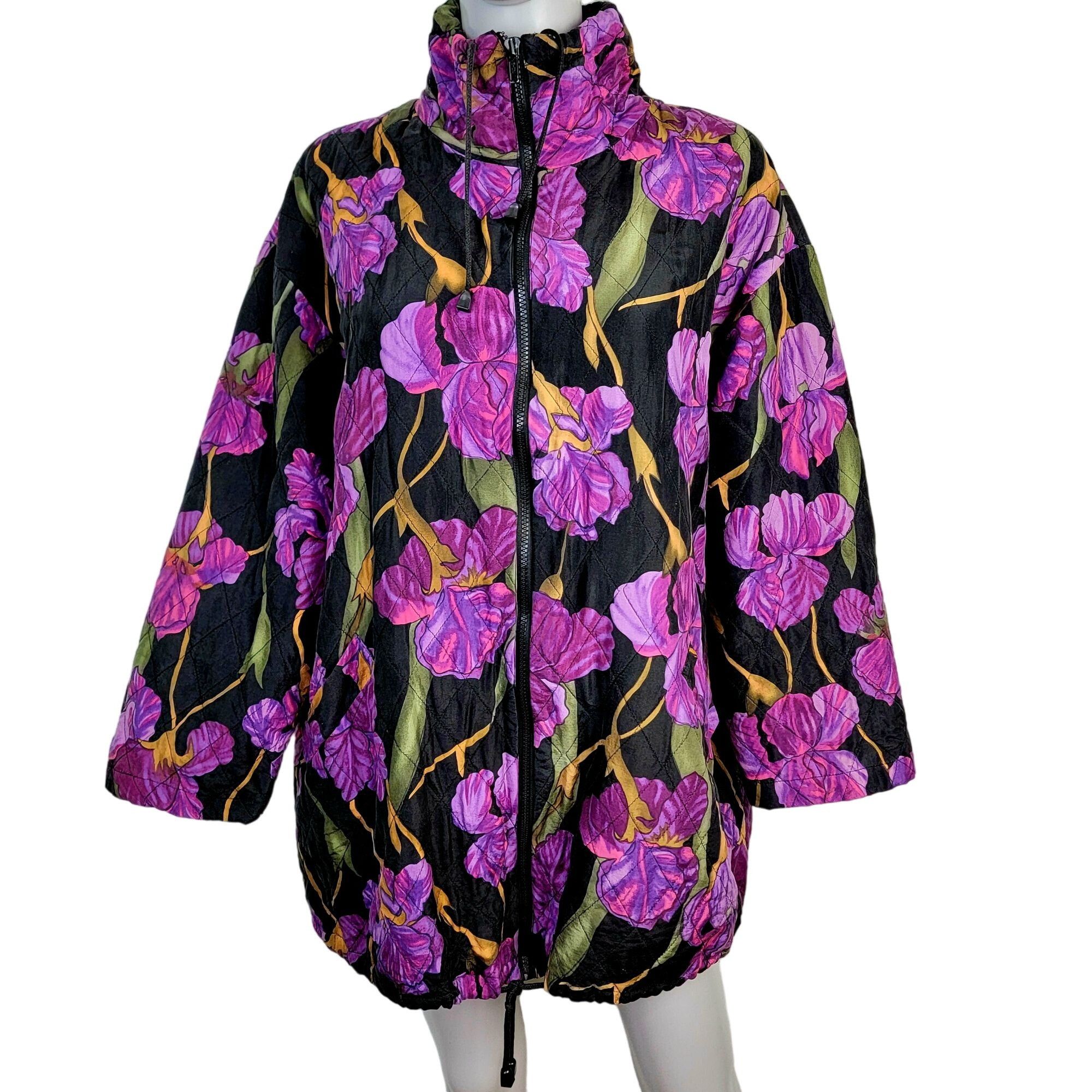 image of Vintage 80's Silk Quilt Jacket Women Small Black Purple Color