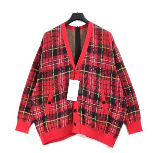 Sweater Tartan Check Zipped Knit Cardigan Cotton Red