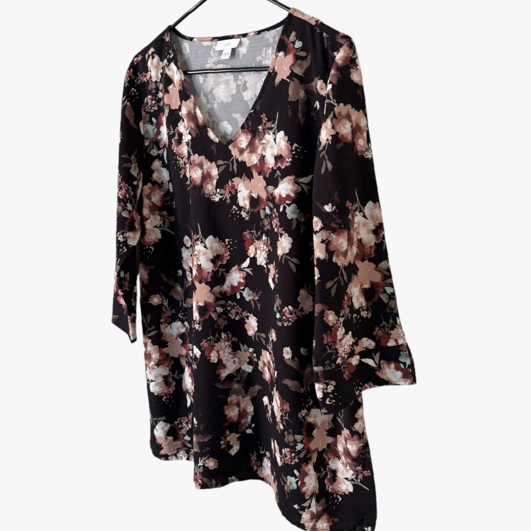J. Jill VINTAGE J.Jill Floral Print Blouse Black Women's Medium 3/4 Sleeve V-Neck Tunic Size M / US 6-8 / IT 42-44 - 2 Thumbnail