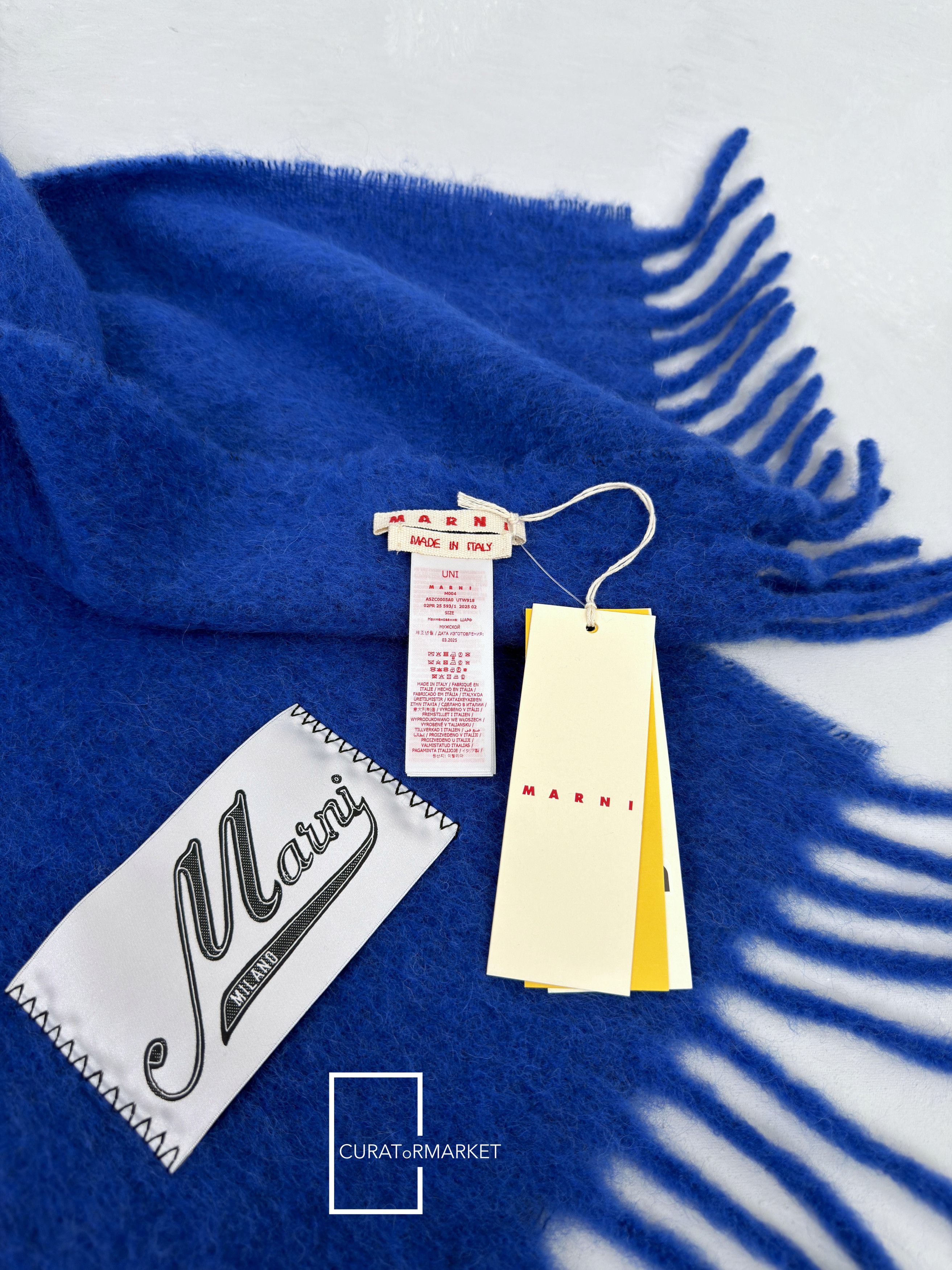 Marni Embroidered Logo Alpaca Felted Wool Classic Blue Scarf FW25 Size ONE SIZE - 5 Thumbnail