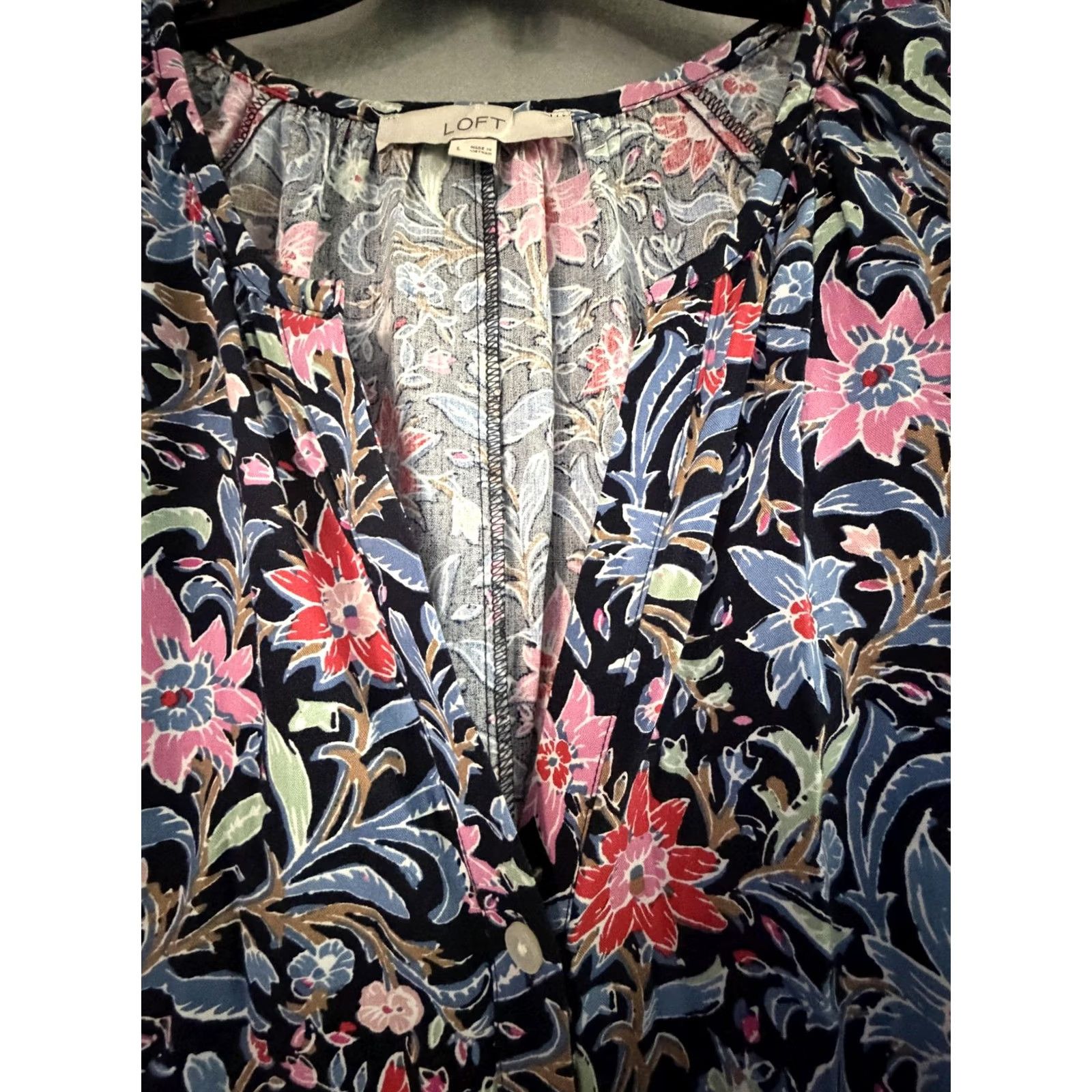 Loft LOFT Dress Womens L Multicolor Floral V Neck Puff Sleeve Trapeze Swing Button Size L / US 10 / IT 46 - 5 Thumbnail