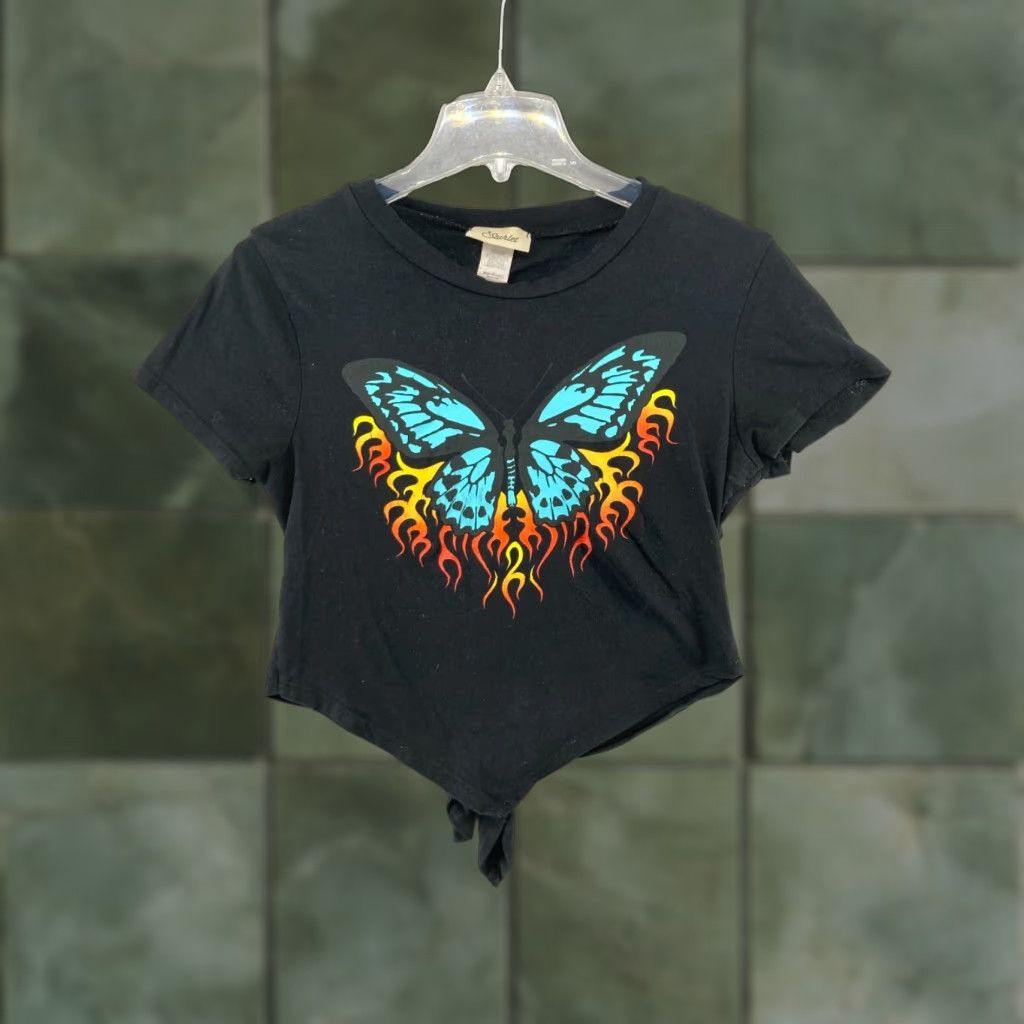 Vintage Starlet Shirt Womens Small Black Cropped Tie Back Butterfly Flames T-Shirt 90s Theme Mens Womens Size S / US 4 / IT 40 - 1 Thumbnail