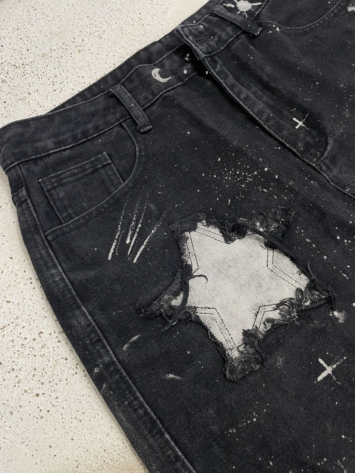 Japanese Brand Wide Distressed Denim Y2K Star Moon Painting Custom Paint Size US 31 - 9 Thumbnail