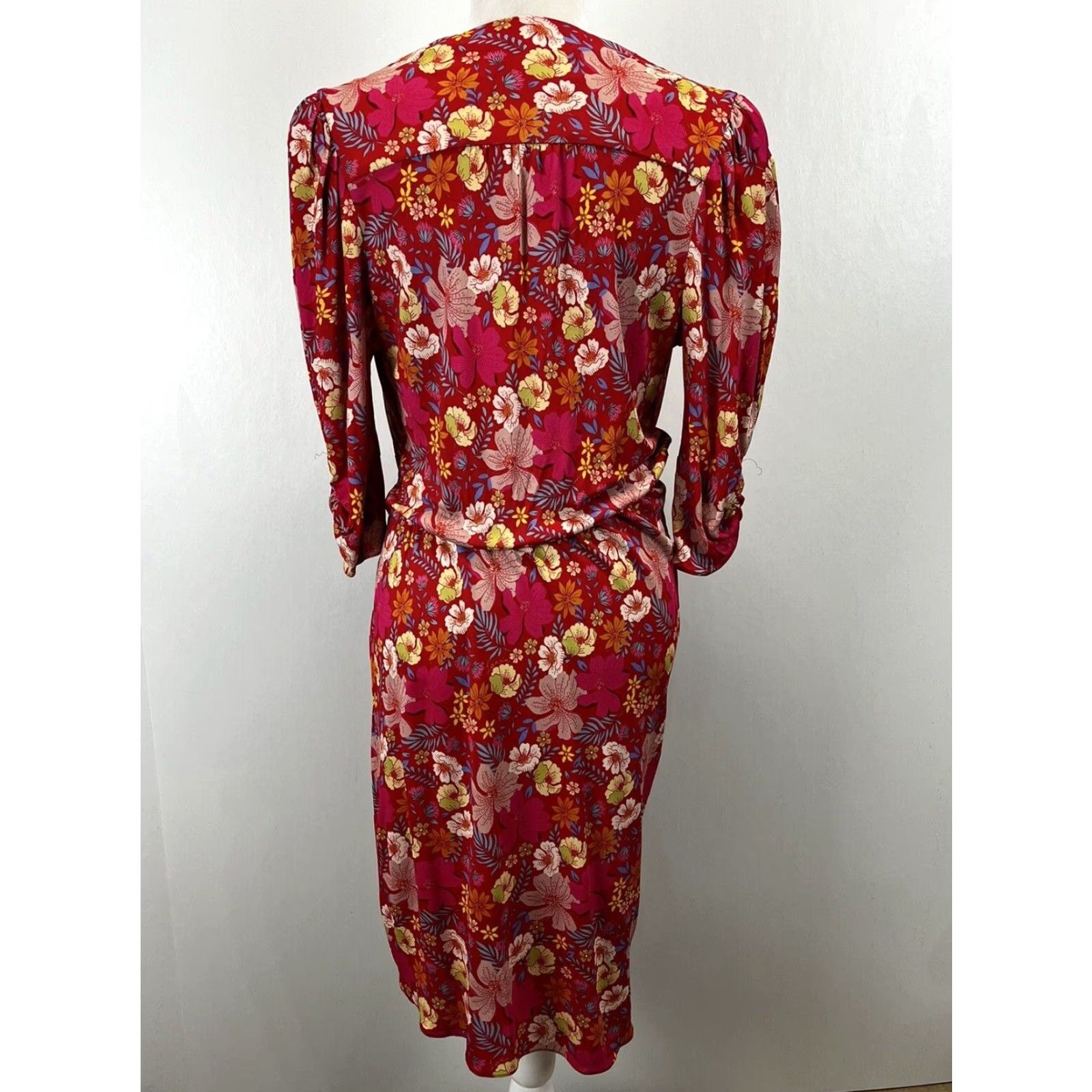 Lanvin LANVIN PARIS Dress Floral Silk Blend Ruched Sleeves Knee Length V-Neck Zip EU 42 / US 10 Multicolor Womens Size 28" / US 6 / IT 42 - 3 Thumbnail