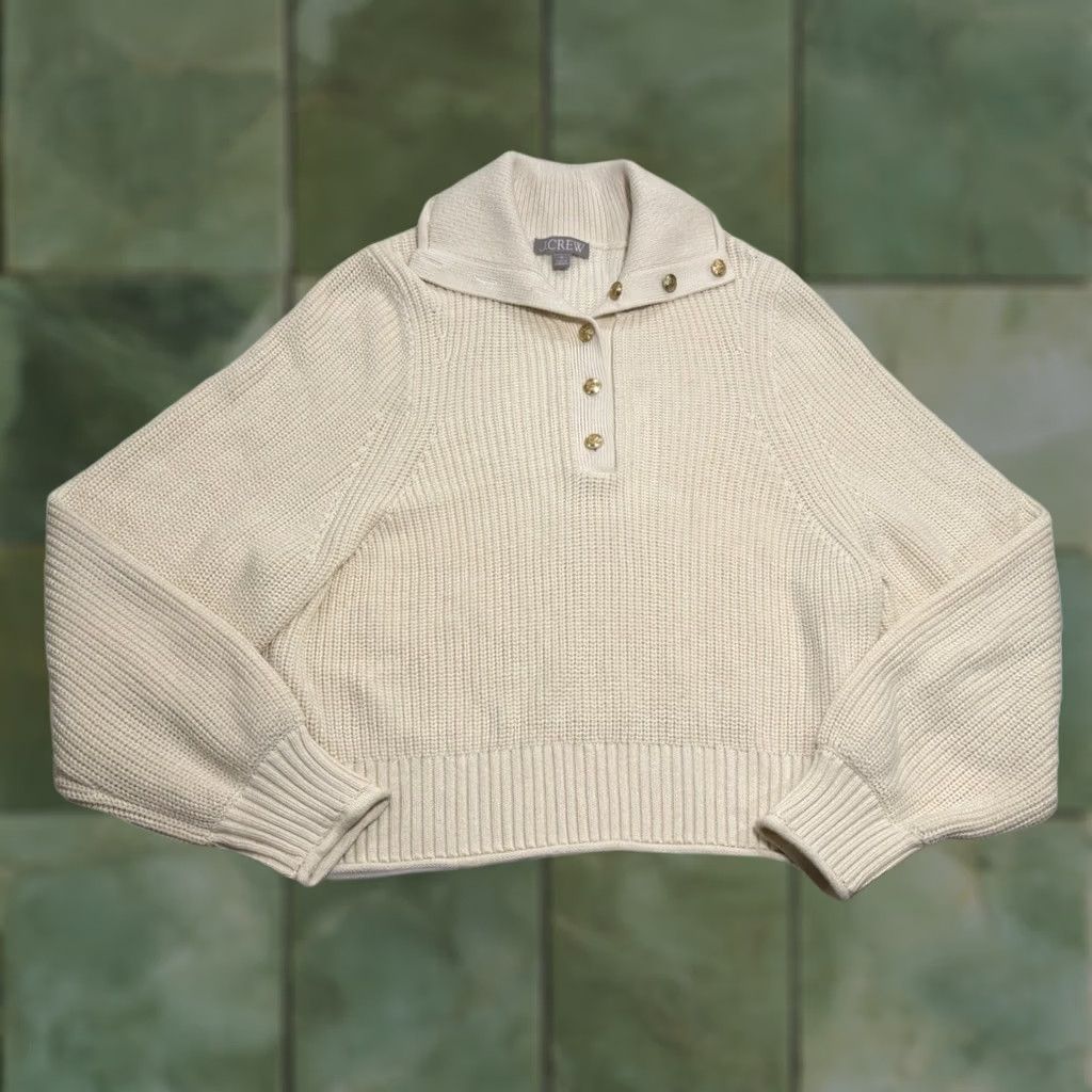 J.Crew J. Crew Ribbed Cotton Button-Collar Sweater Long Sleeve Sz M Womens Cream Knit Pullover Classic Holiday Casual Travel - Mens? Size M / US 6-8 / IT 42-44 - 1 Thumbnail