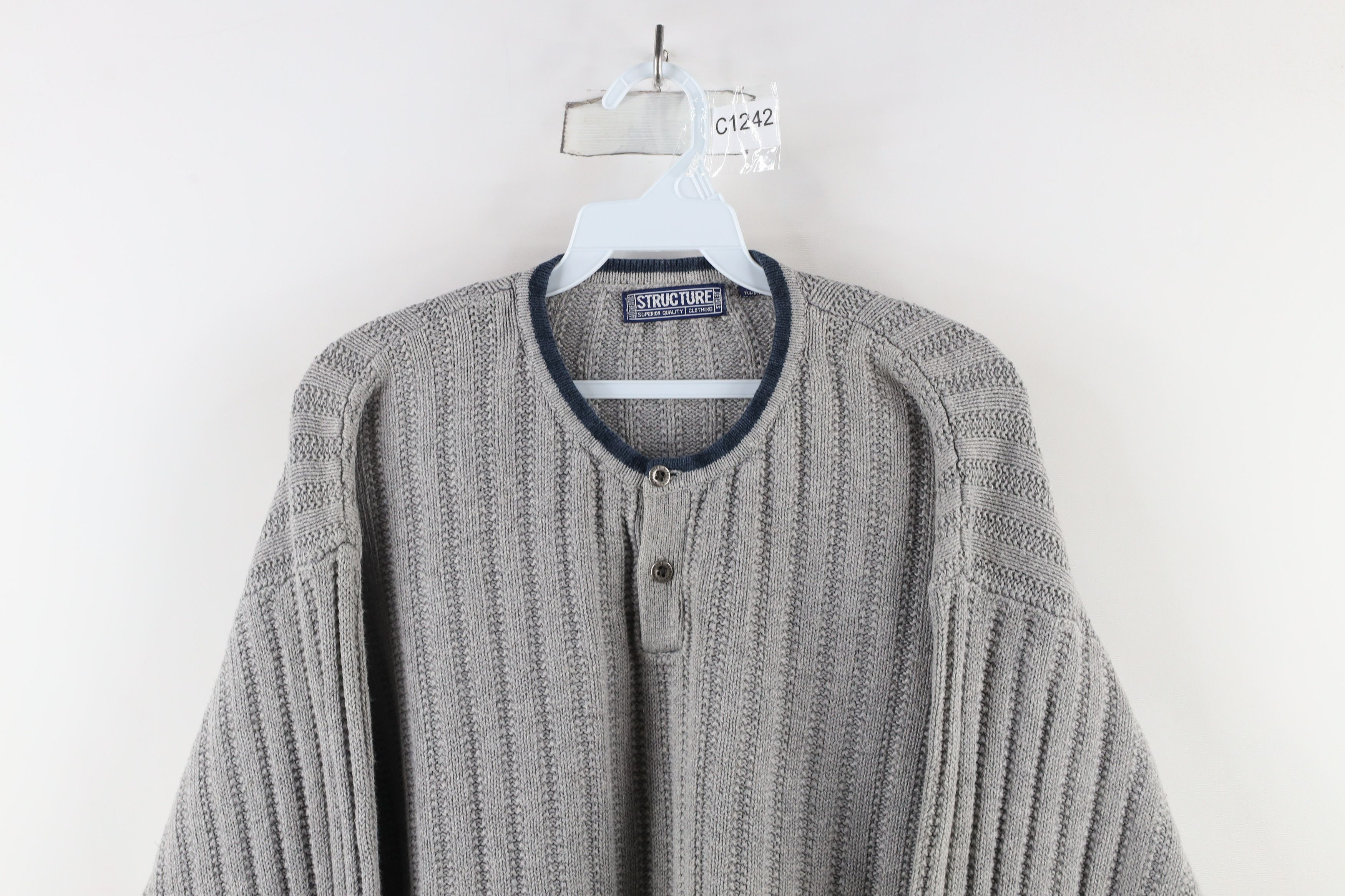 Vintage Vintage 90s Streetwear Ribbed Knit Henley Sweater Gray Size US M / EU 48-50 / 2 - 2 Thumbnail