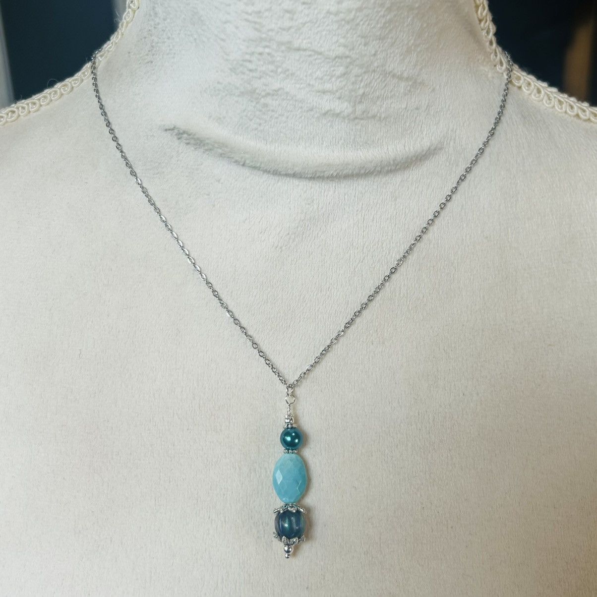 Handmade Handcrafted cat eye glass amazonite pearl beaded necklace Size ONE SIZE - 3 Thumbnail