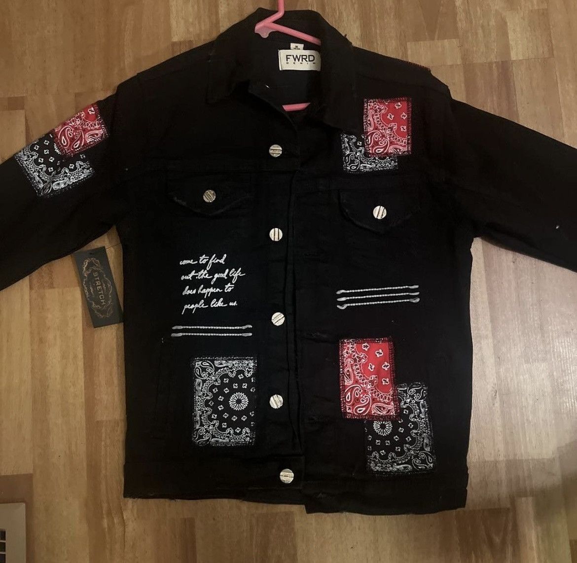 Vintage FWRD Black Denim Street Wear Bandanna Jacket Size 10-12 M Size US XXS / EU 40 - 3 Thumbnail