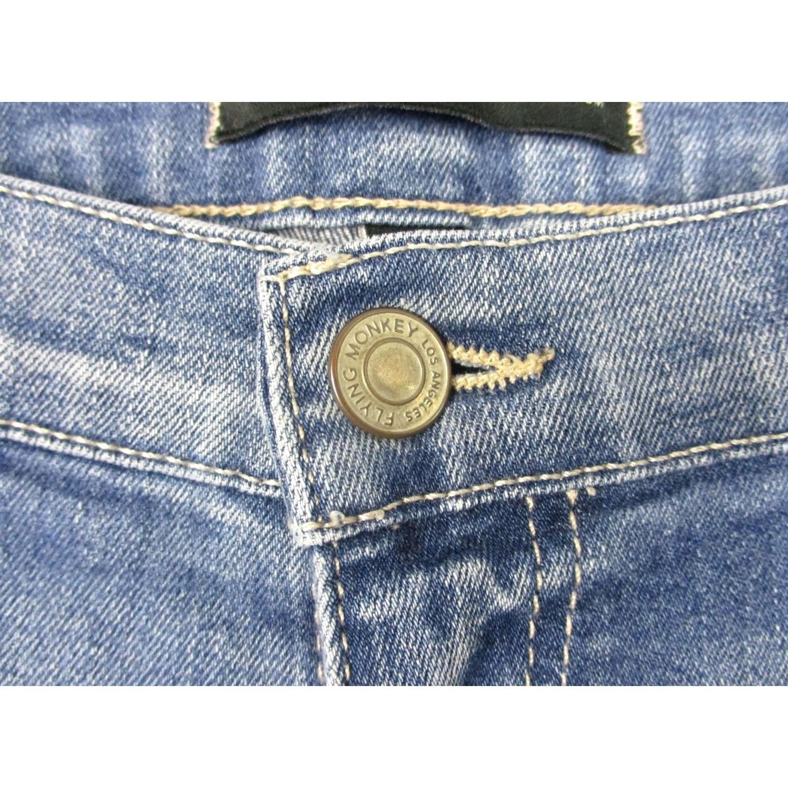 Vintage Flying Monkey Jeans Womens 29 Blue Medium Wash Low Rise Flare Distressed Frayed Size 29" - 3 Thumbnail
