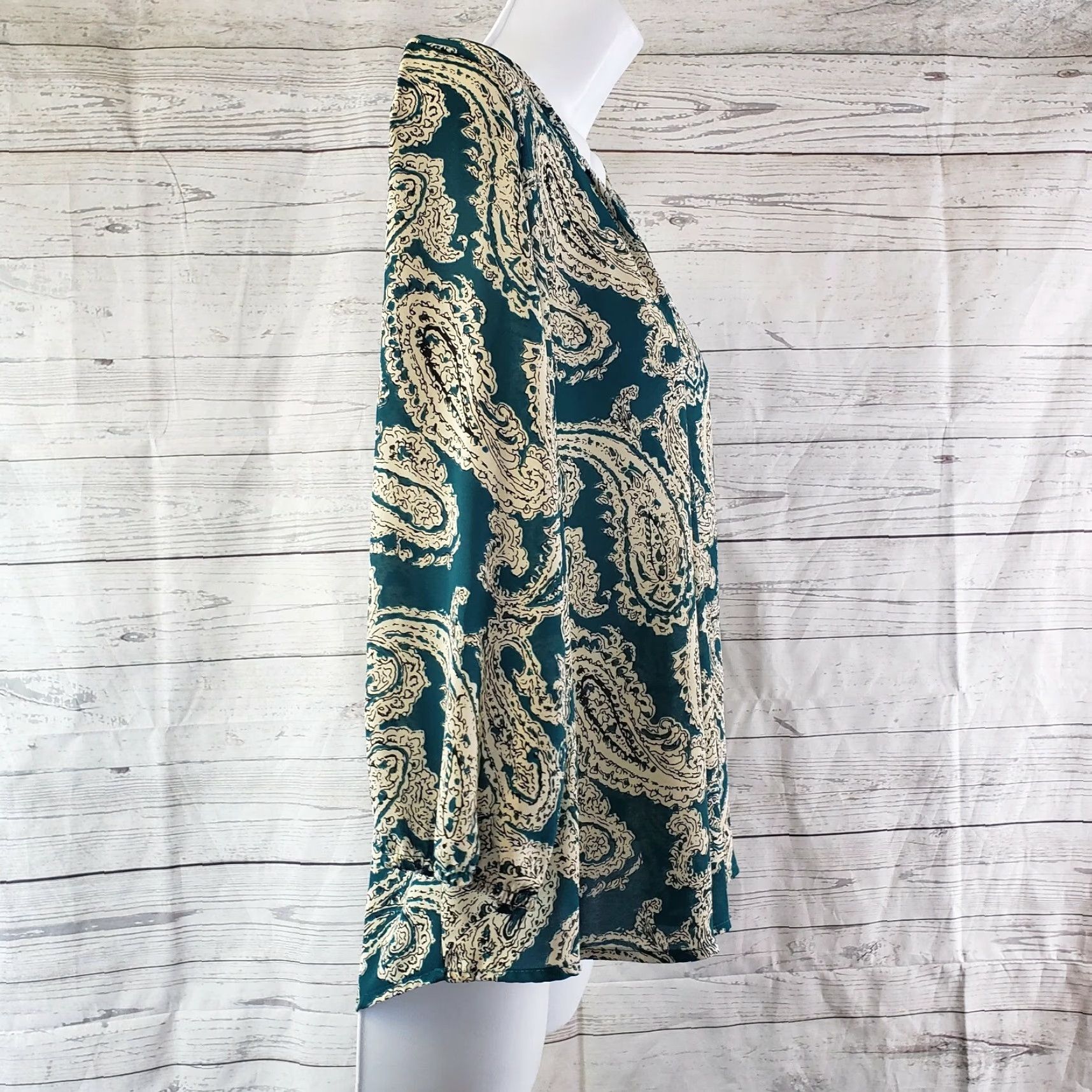 Vintage Papermoon for Stitch Fix Womens Top M Teal Beige Paisley 3/4 Sleeve Blouse Shirt Womens Size M / US 6-8 / IT 42-44 - 3 Thumbnail