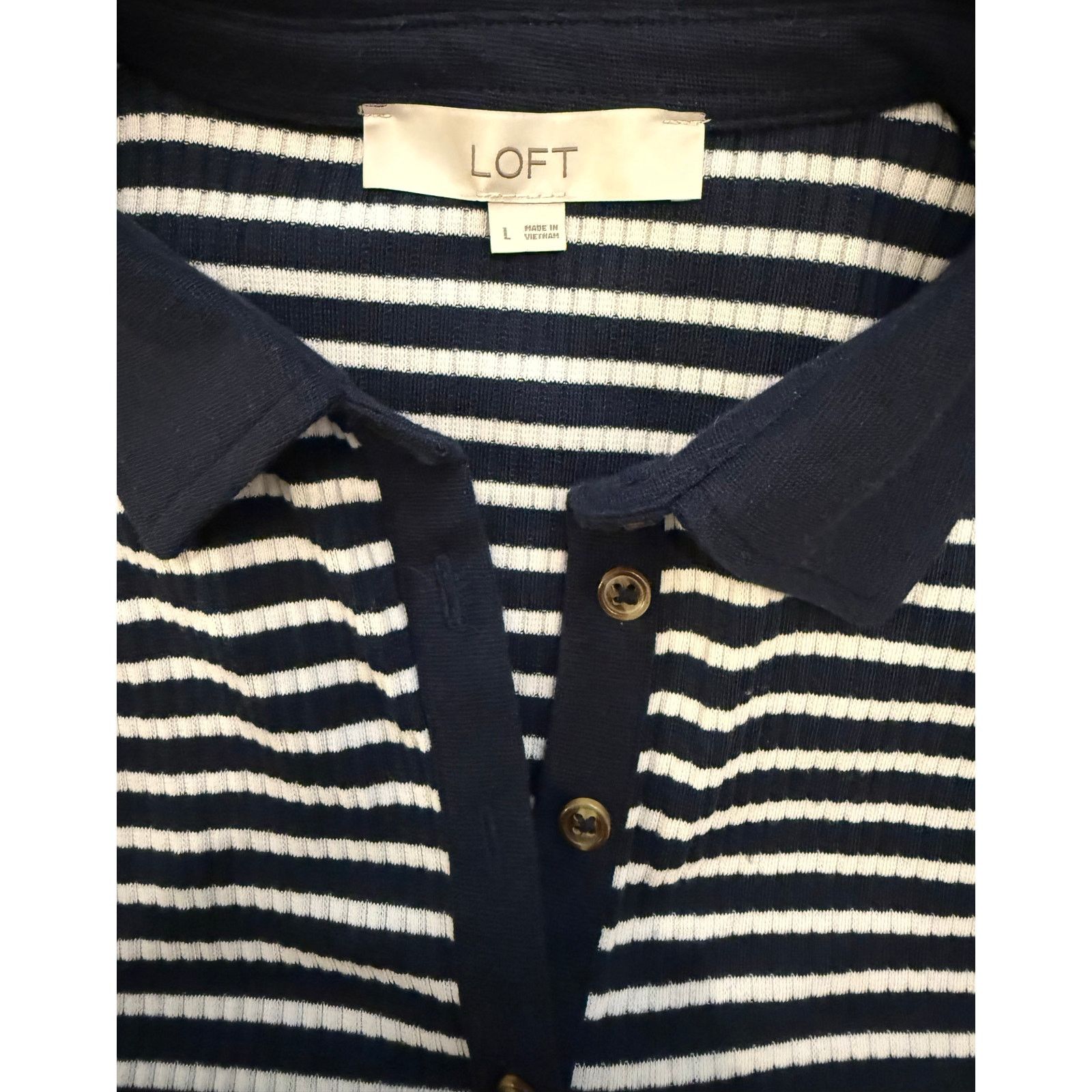 Loft EUC LOFT Women's Navy White Striped Collared Blouse Large Size L / US 10 / IT 46 - 5 Thumbnail