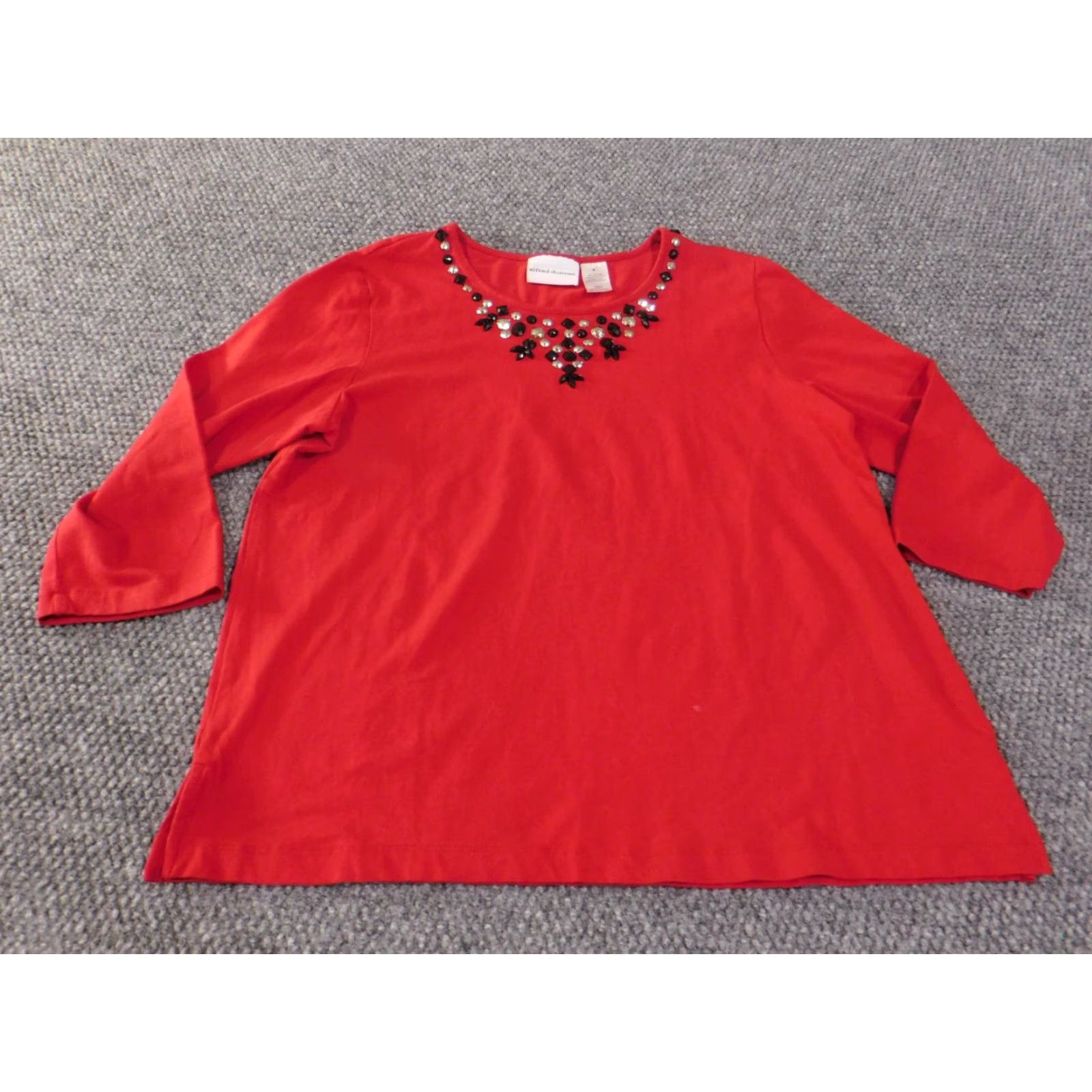 Vintage Alfred Dunner Blouse Shirt Womens L Red Knit Stretch Geometric Floral Embellishments Pullover Round Neck Long Sleeve Casual Vintage No (adjusted) Size L / US 10 / IT 46 - 4 Thumbnail