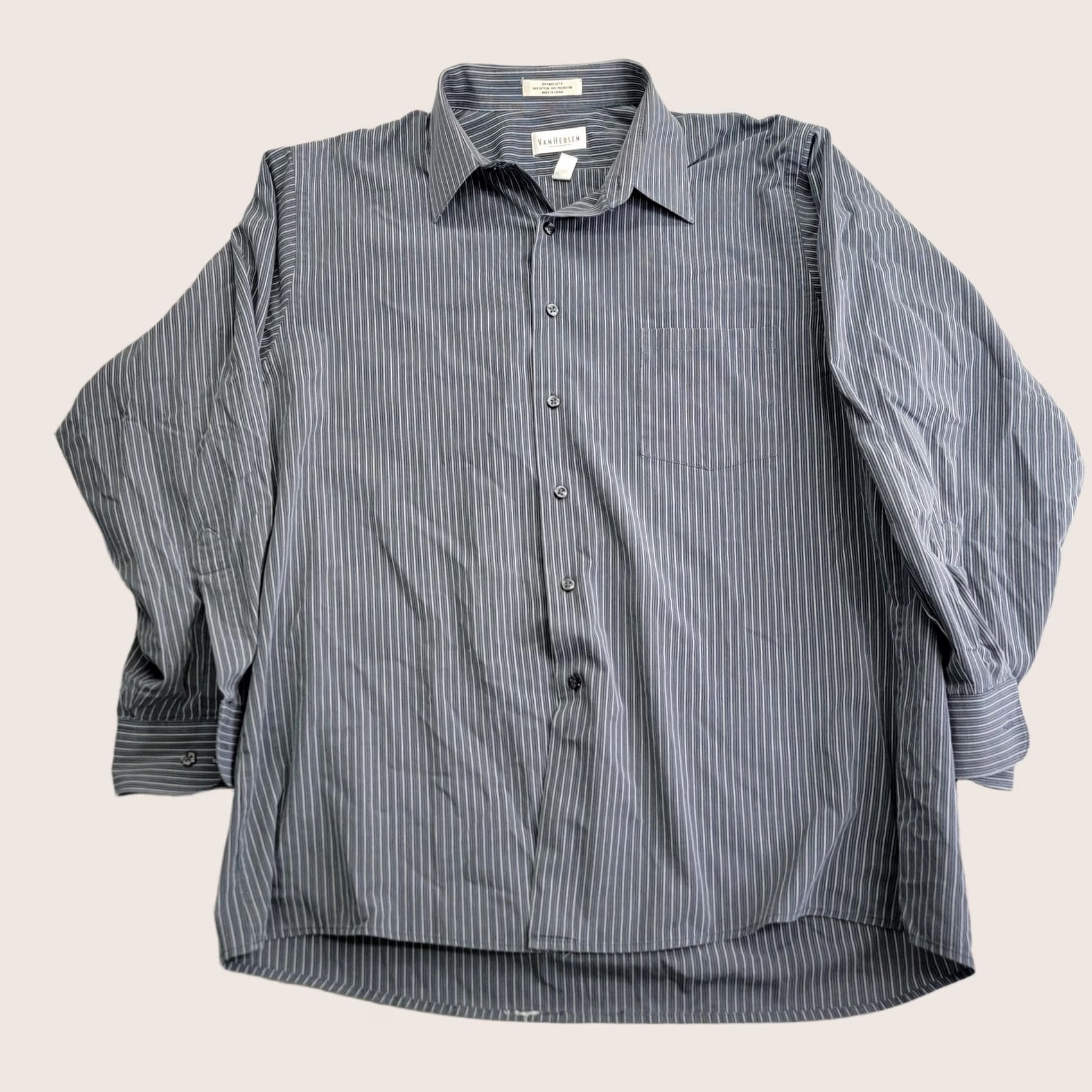 Van Heusen Van Heusen Shirt Mens XL 17 32/33 Gray Striped Dress Wrinkle Free Regular Fit Size 46R - 1 Thumbnail