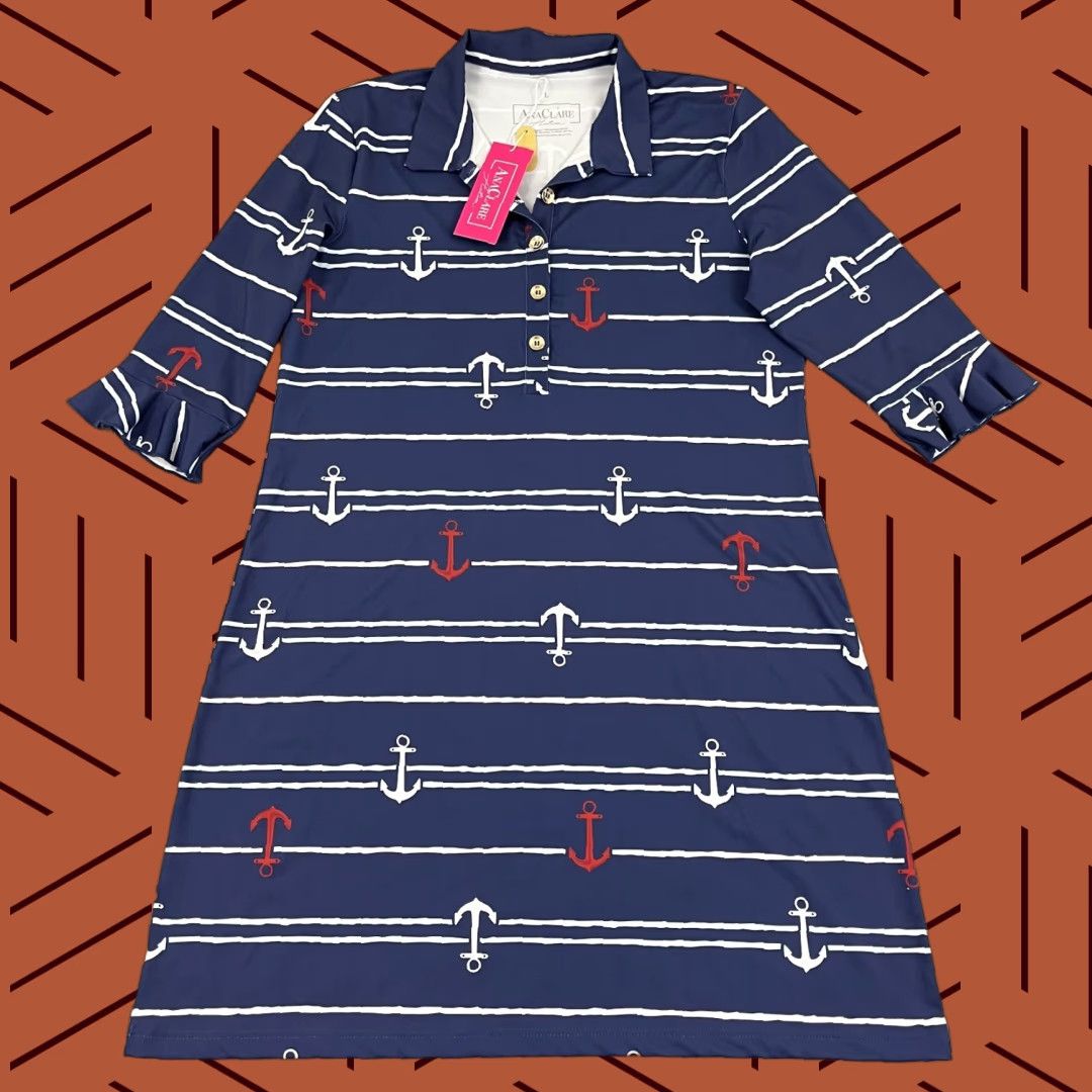 Nautica ANA CLARE Marin Dress Womens L Anchored Nautical Active Stretch Preppy NEW Size L / US 10 / IT 46 - 1 Thumbnail