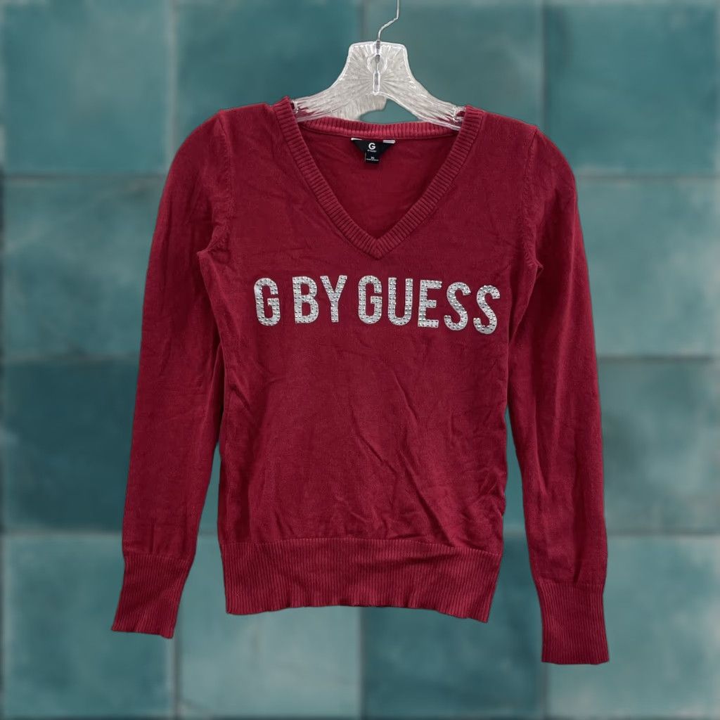 Guess VINTAGE Guess Top Xs Small Red Studded Logo Spellout Long Sleeve McBling Shirt Womens XS Size XS / US 0-2 / IT 36-38 - 1 Thumbnail