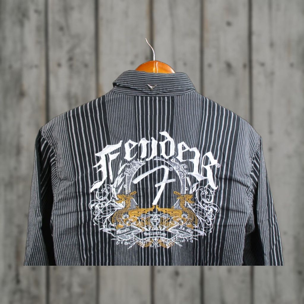VINTAGE Fender Shirt Mens M Black Embroidered Rock & Roll Religion 90s Men’s Casual Button-Up Long Sleeve Cotton Knit