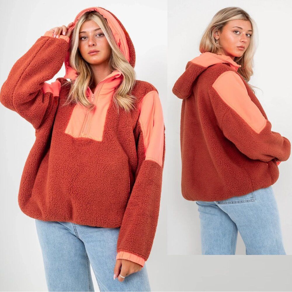 New Free People Lead The Pack Fleece Coral Combo Pullover S