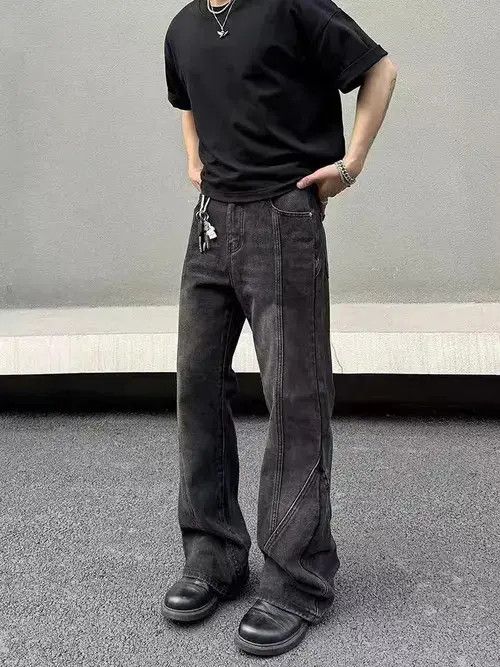 Jean Washed Black Spliced Micro Flare Straight Leg Jeans Size US 34 / EU 50 - 1 Thumbnail