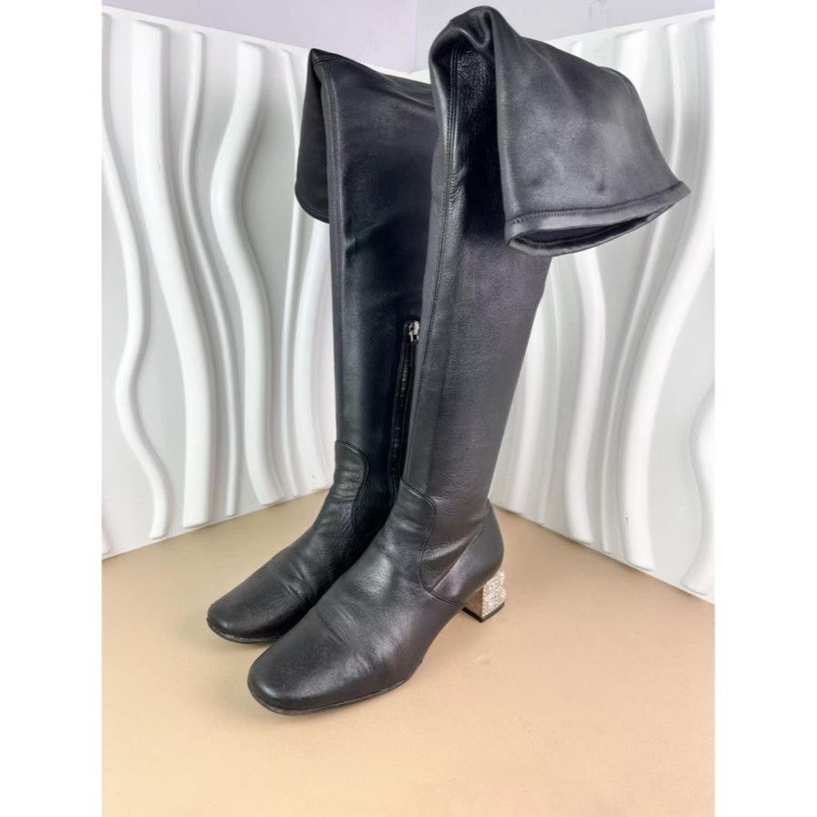 Miu Miu Womens Black Leather Thigh-High Boots With Crystal H